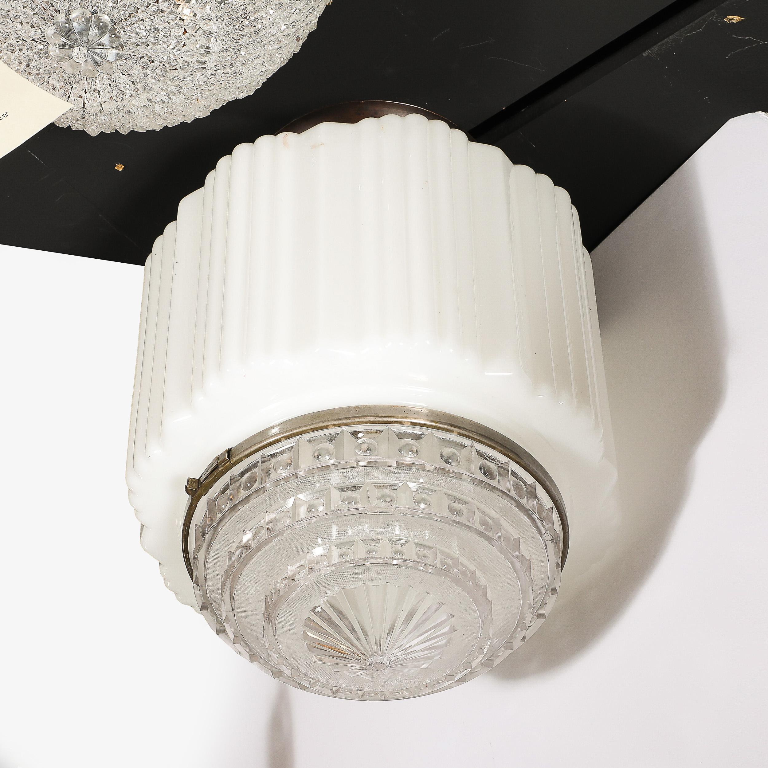 Mid-20th Century Art Deco Pendant Chandelier in Milk Glass w/ Oil Rubbed Bronze & Nickel Fittings