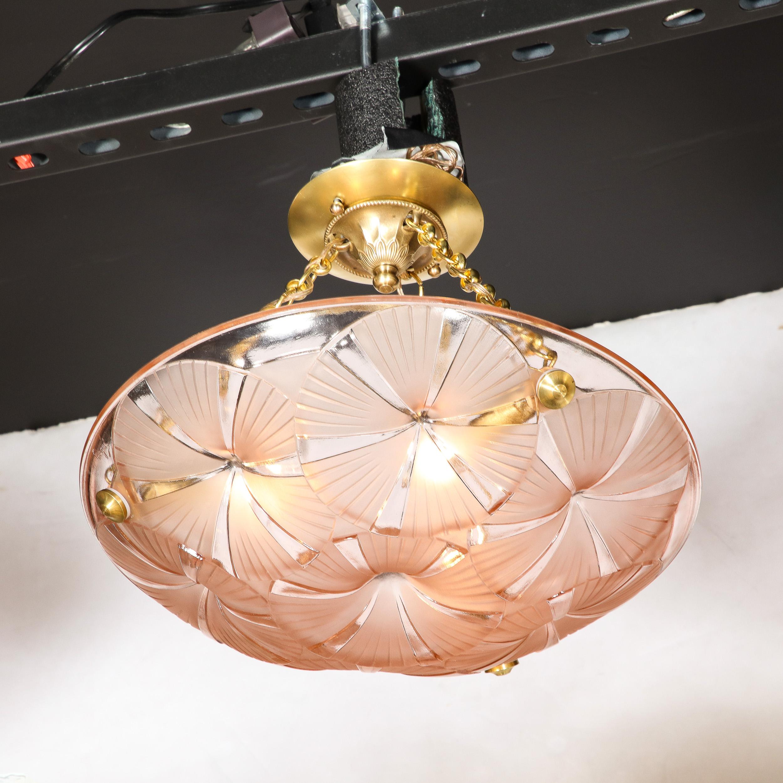 Art Deco Pendant Chandelier in Molded & Frosted Rose Glass signed Degue For Sale 5