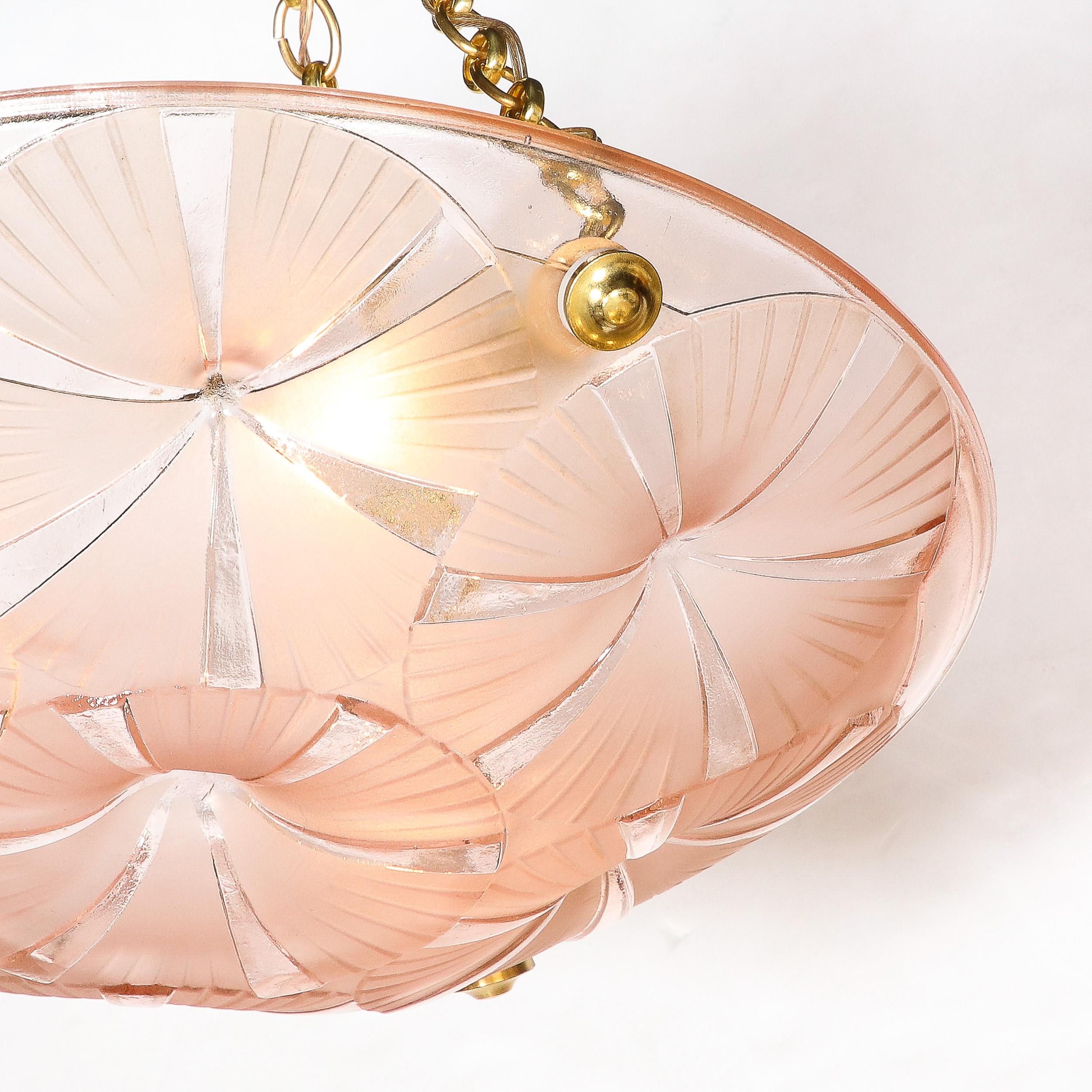 Art Deco Pendant Chandelier in Molded & Frosted Rose Glass signed Degue In Excellent Condition For Sale In New York, NY