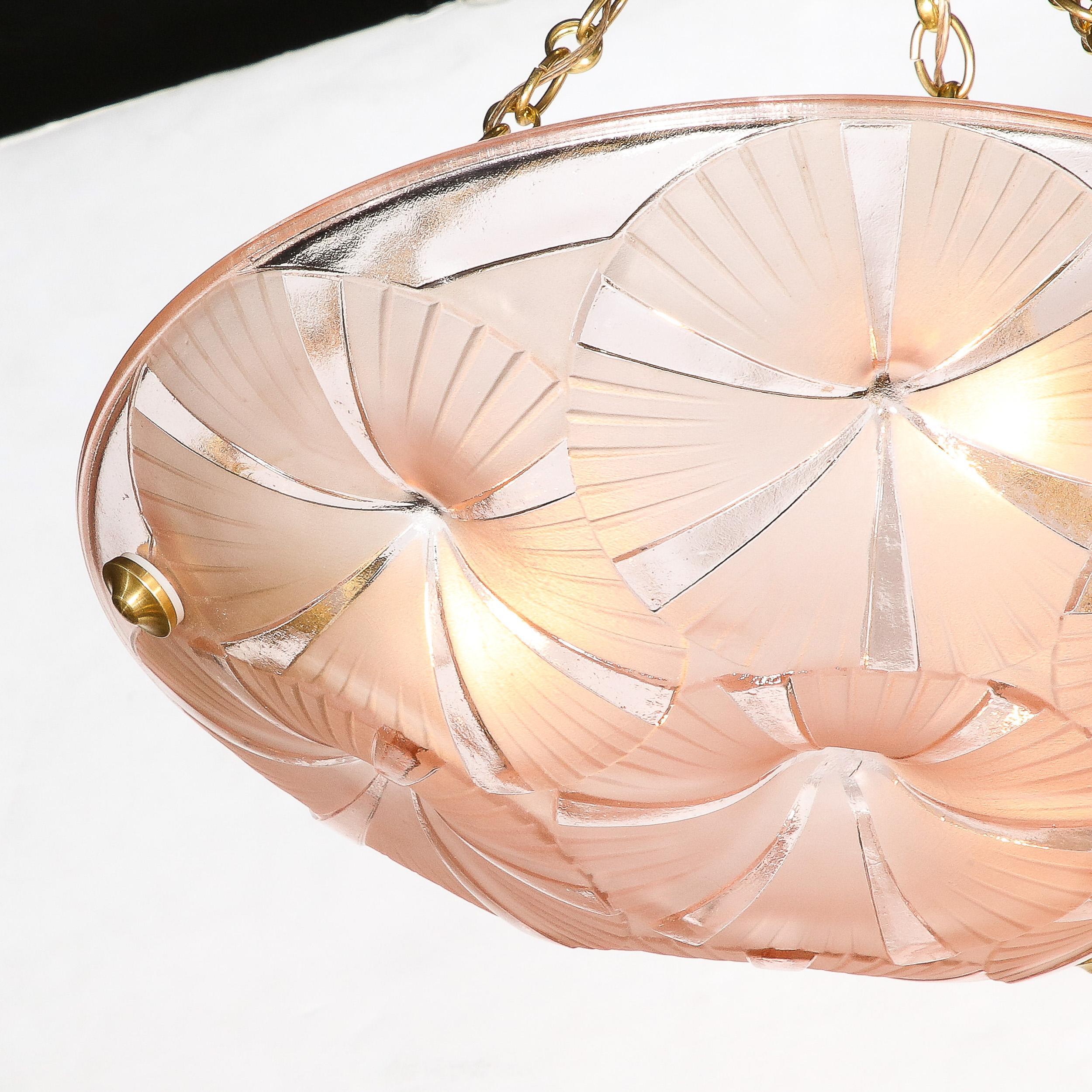 Mid-20th Century Art Deco Pendant Chandelier in Molded & Frosted Rose Glass signed Degue For Sale
