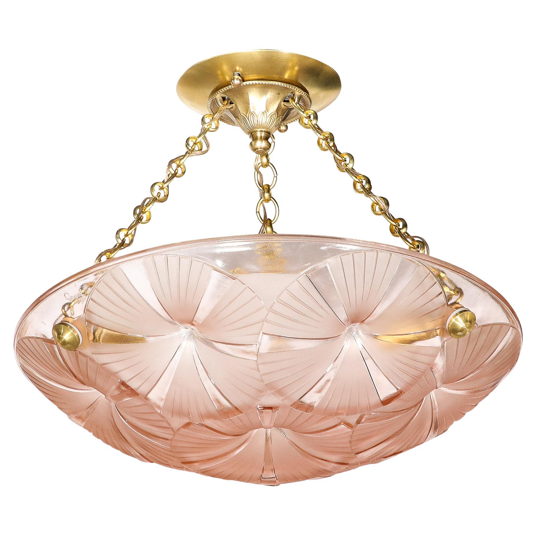 Art Deco Pendant Chandelier in Molded & Frosted Rose Glass signed Degue For Sale