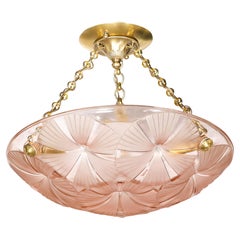 Antique Art Deco Pendant Chandelier in Molded & Frosted Rose Glass signed Degue