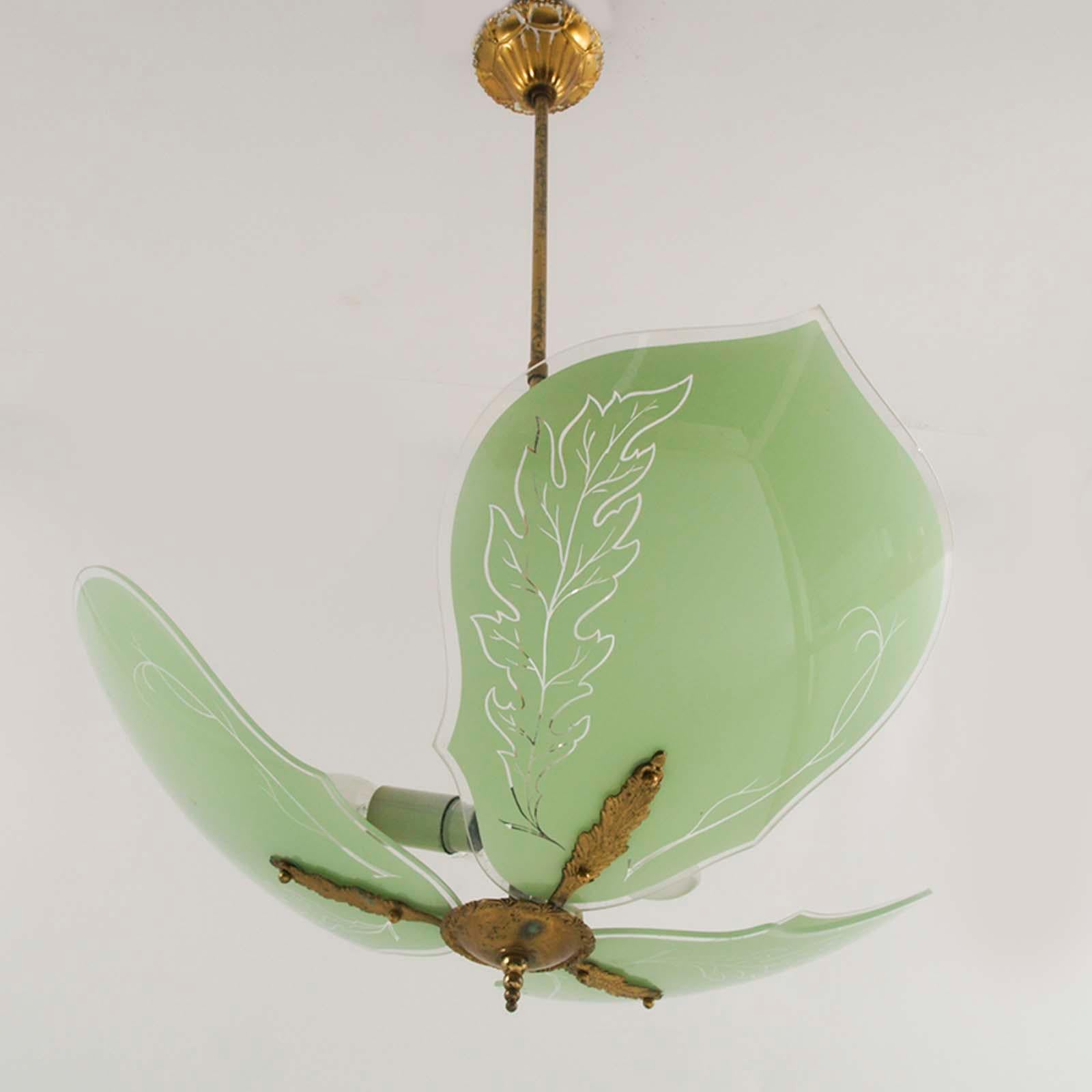 Art Deco Art Decò 1920s Pendant Chandelier, Murano-Glass Green Decored , Gilt Brass For Sale
