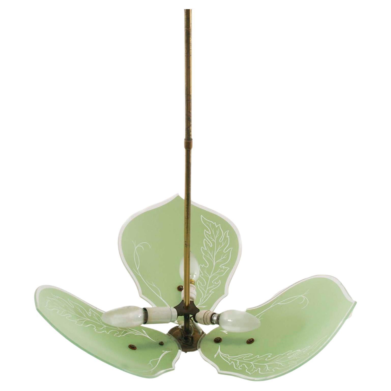 Art Decò 1920s Pendant Chandelier, Murano-Glass Green Decored , Gilt Brass For Sale