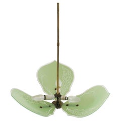Art Decò Pendant Chandelier, Murano-Glass Green Decored Three Leaves, Gilt Brass