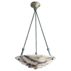 Art Deco Pendant / Chandelier w. Blue Rope and Layered Alabaster Shade & Canopy