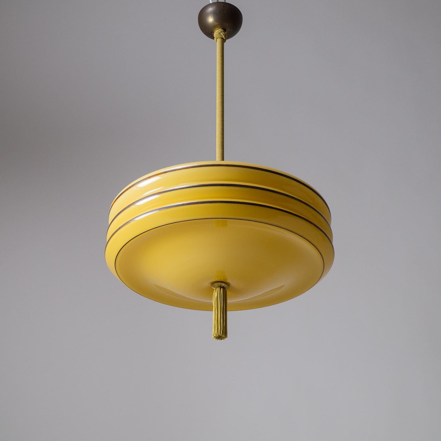 Art Deco Pendant, circa 1930, Amber Glass, Silver Paint and Brass 9