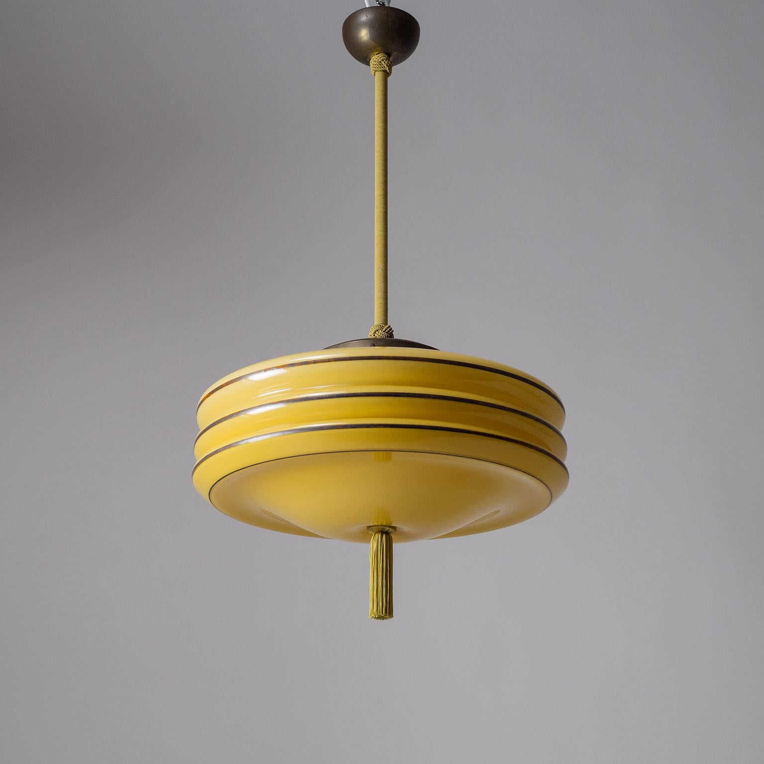 Art Deco Pendant, circa 1930, Amber Glass, Silver Paint and Brass 12