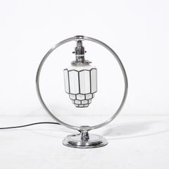 Art Deco Pendant Form Chrome & Milk Glass Table Lamp w/ Black Linear Detailing
