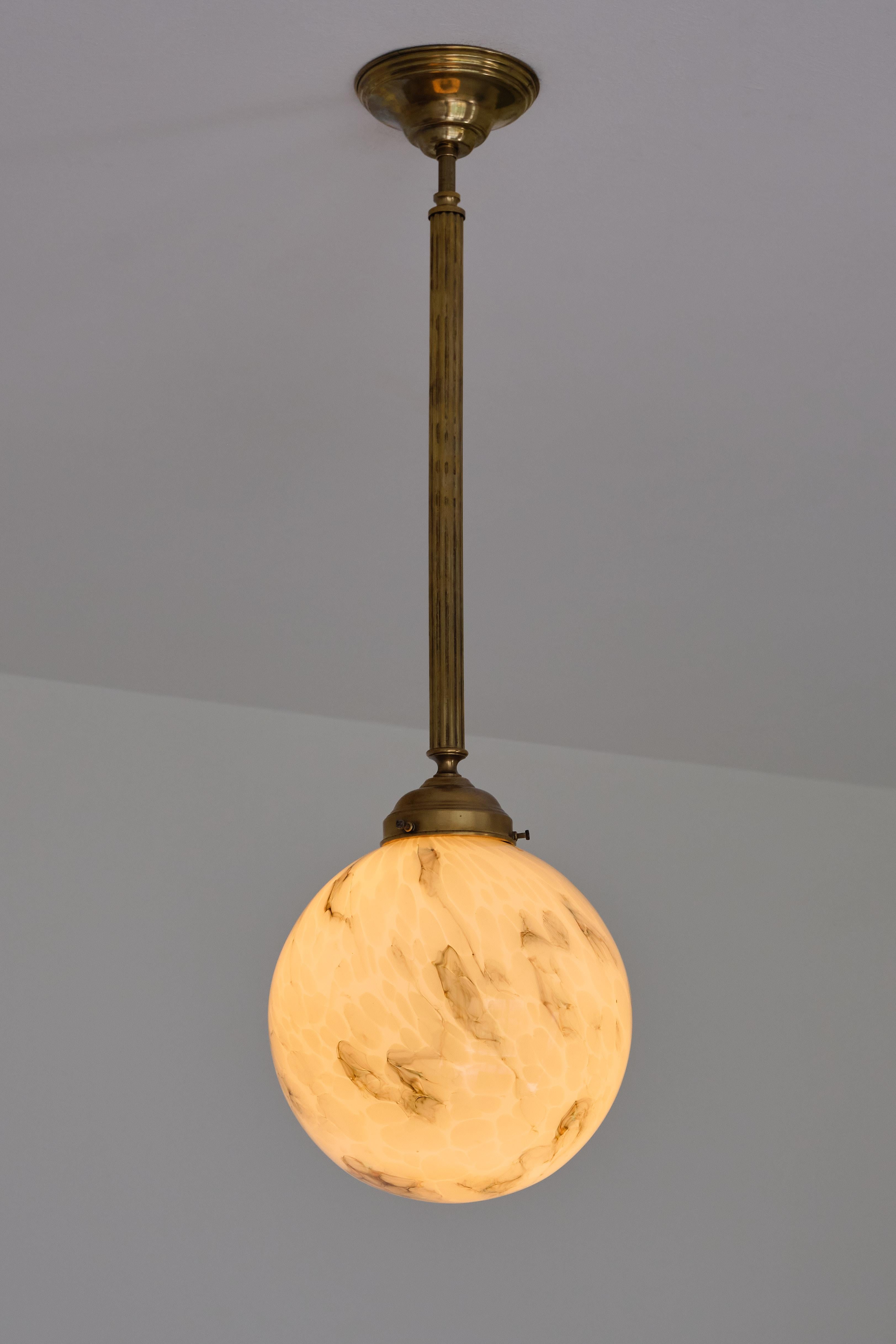 Dutch Art Deco Pendant in Brass and Marbled Glass, De La Mar Theatre, 1940s For Sale