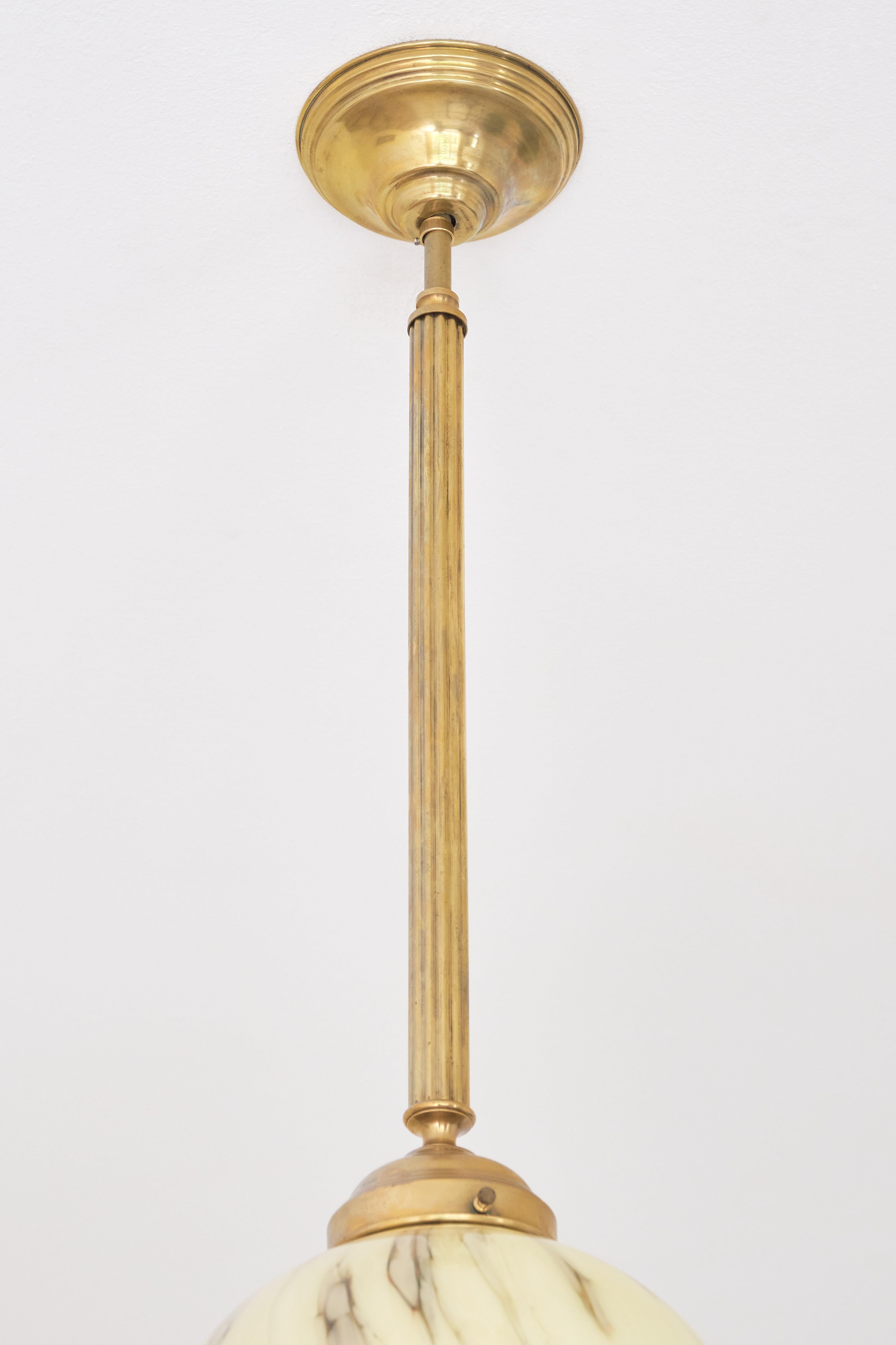 Mid-20th Century Art Deco Pendant in Brass and Marbled Glass, De La Mar Theatre, 1940s For Sale