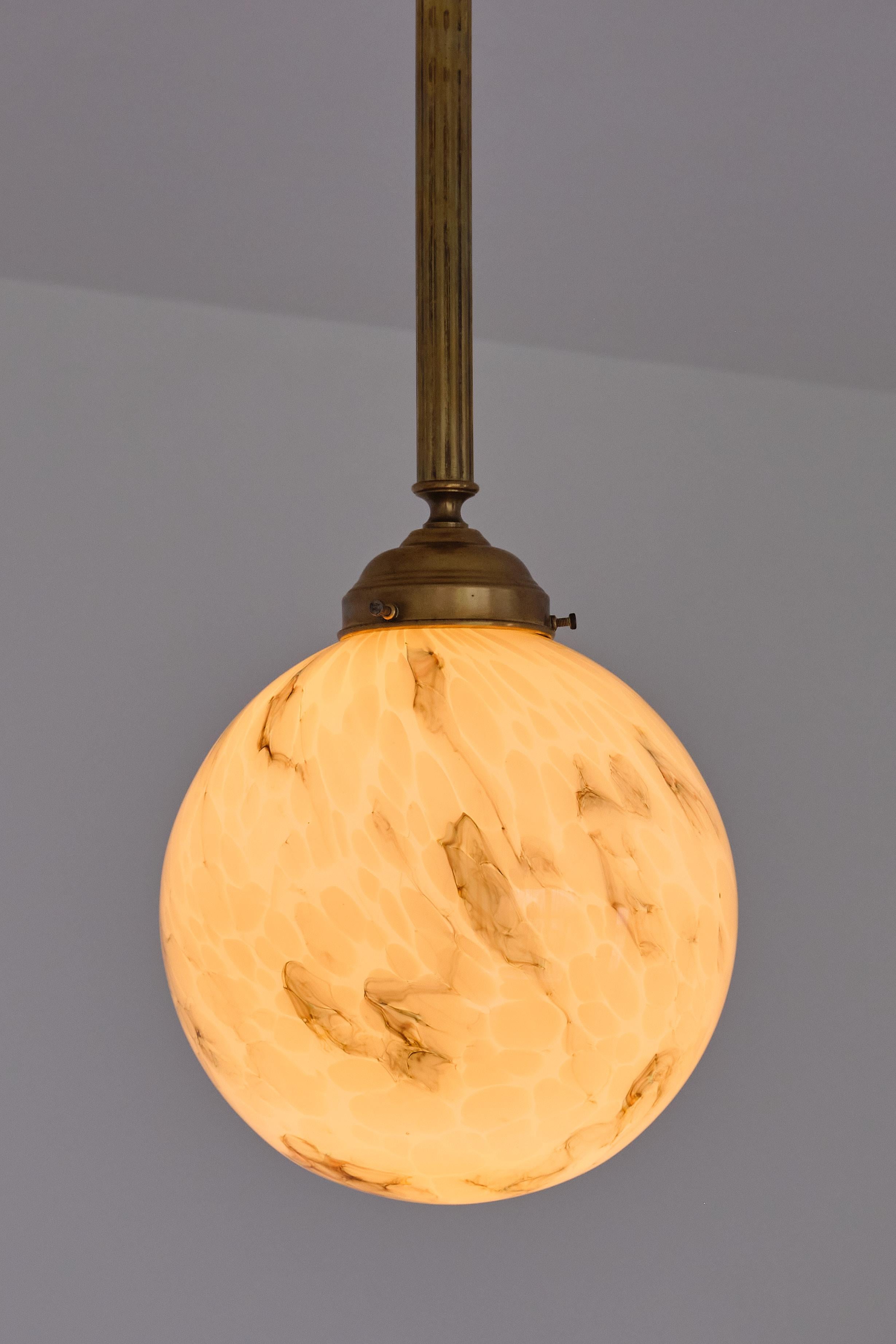 Art Deco Pendant in Brass and Marbled Glass, De La Mar Theatre, 1940s For Sale 3