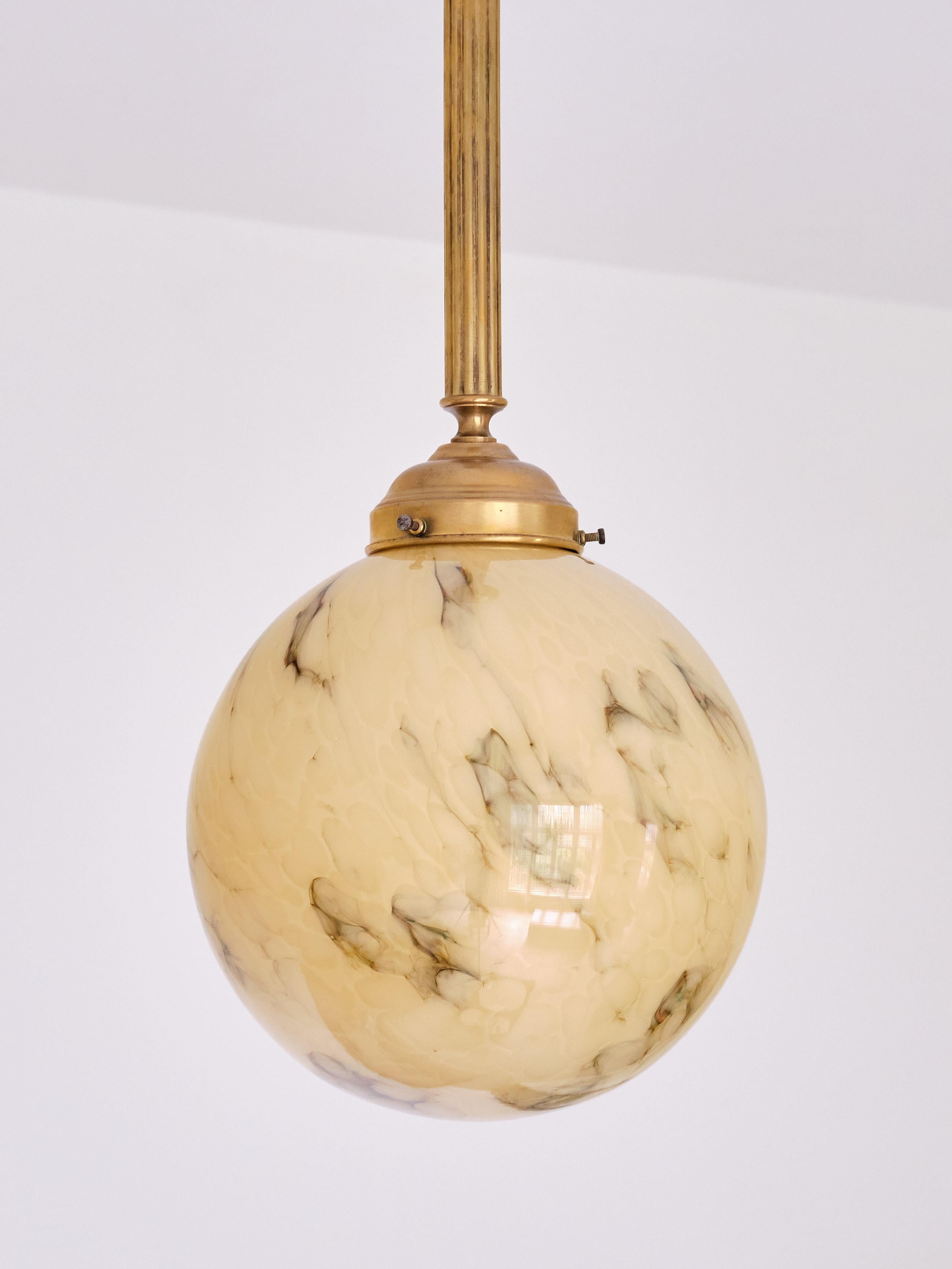 Art Deco Pendant in Brass and Marbled Glass, De La Mar Theatre, 1940s For Sale 4