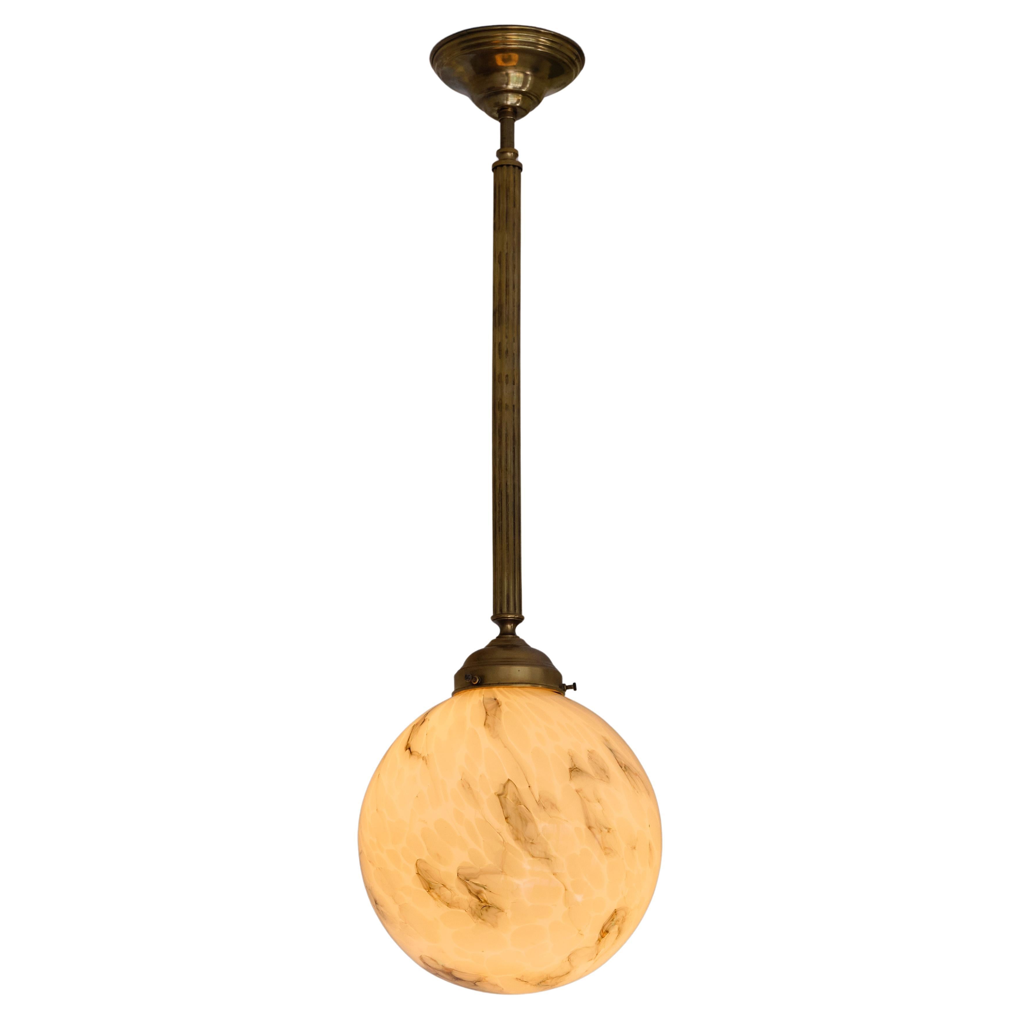 Art Deco Pendant in Brass and Marbled Glass, De La Mar Theatre, 1940s For Sale