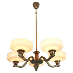 Art Deco Pendant in Brass, Birch & Opaline Glass, PSO Finalnd 1940s