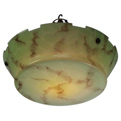 Art Deco Pendant Lamp, Brass and Green Glass, France, 1920s