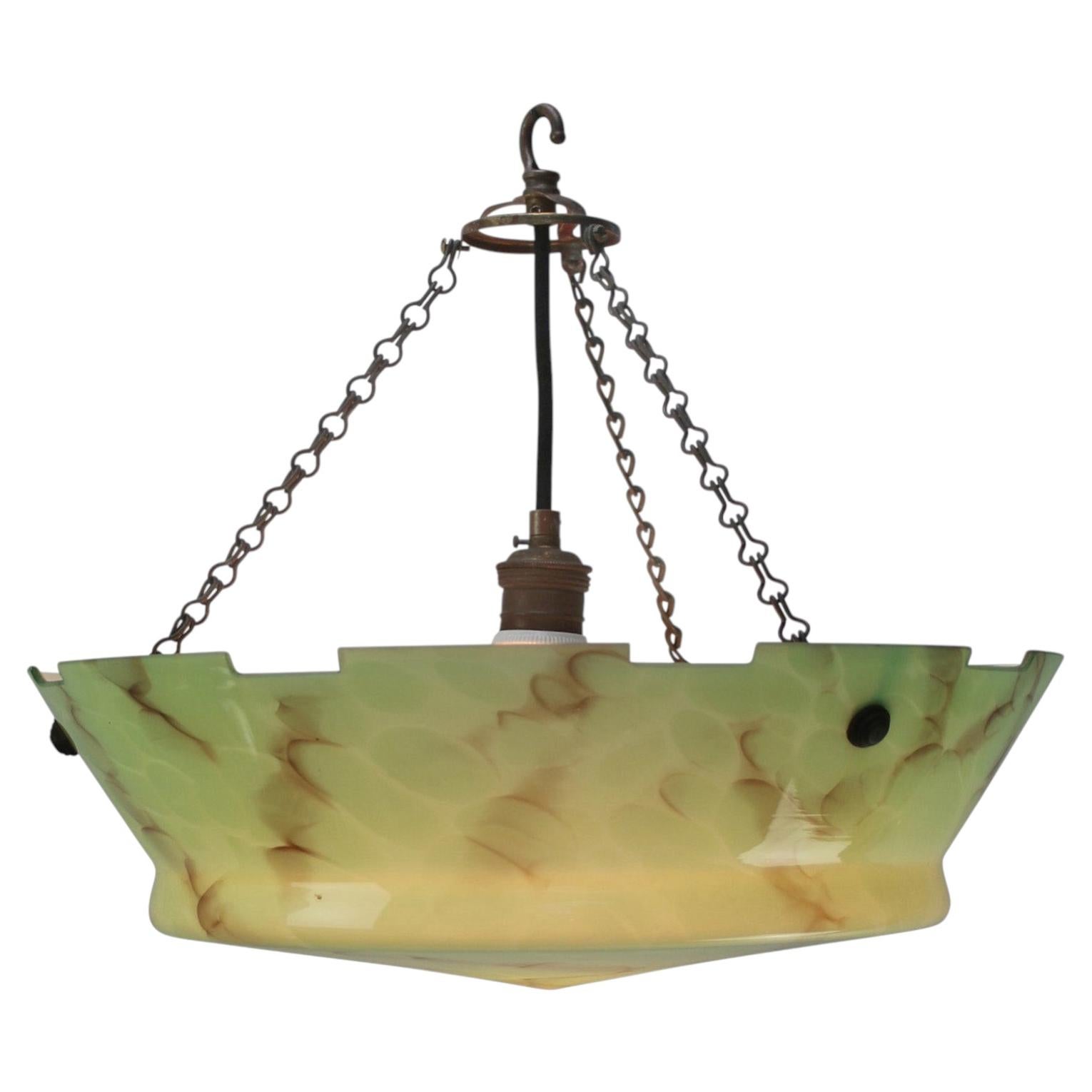 Art Deco Pendant Lamp, Brass and Green Glass, France, 1920s