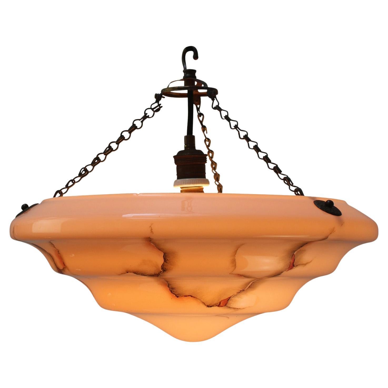 Art Deco Pendant Lamp, Brass and Pink Glass, France, 1920s