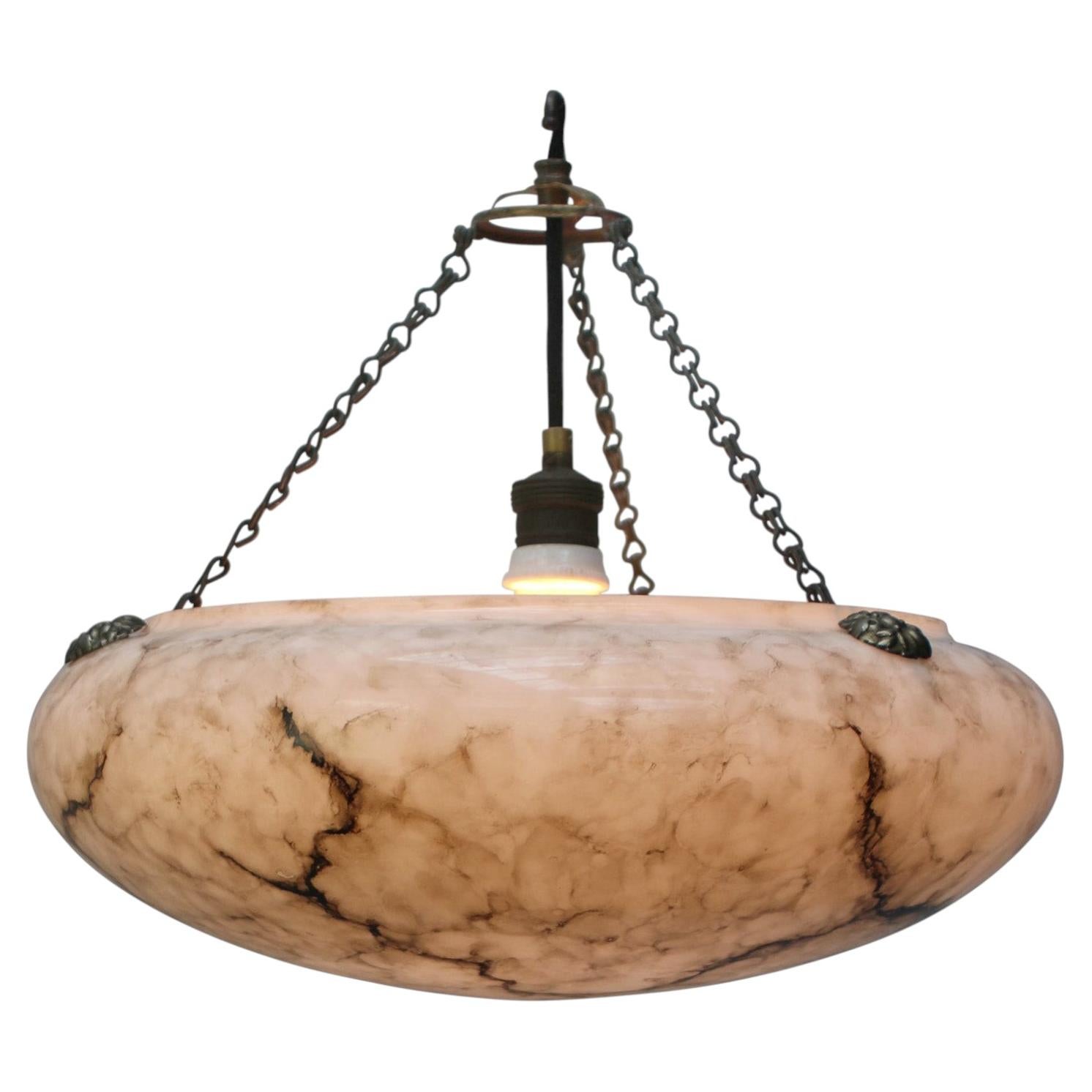 Art Deco Pendant Lamp, Brass and White Gray Glass, France, 1920s