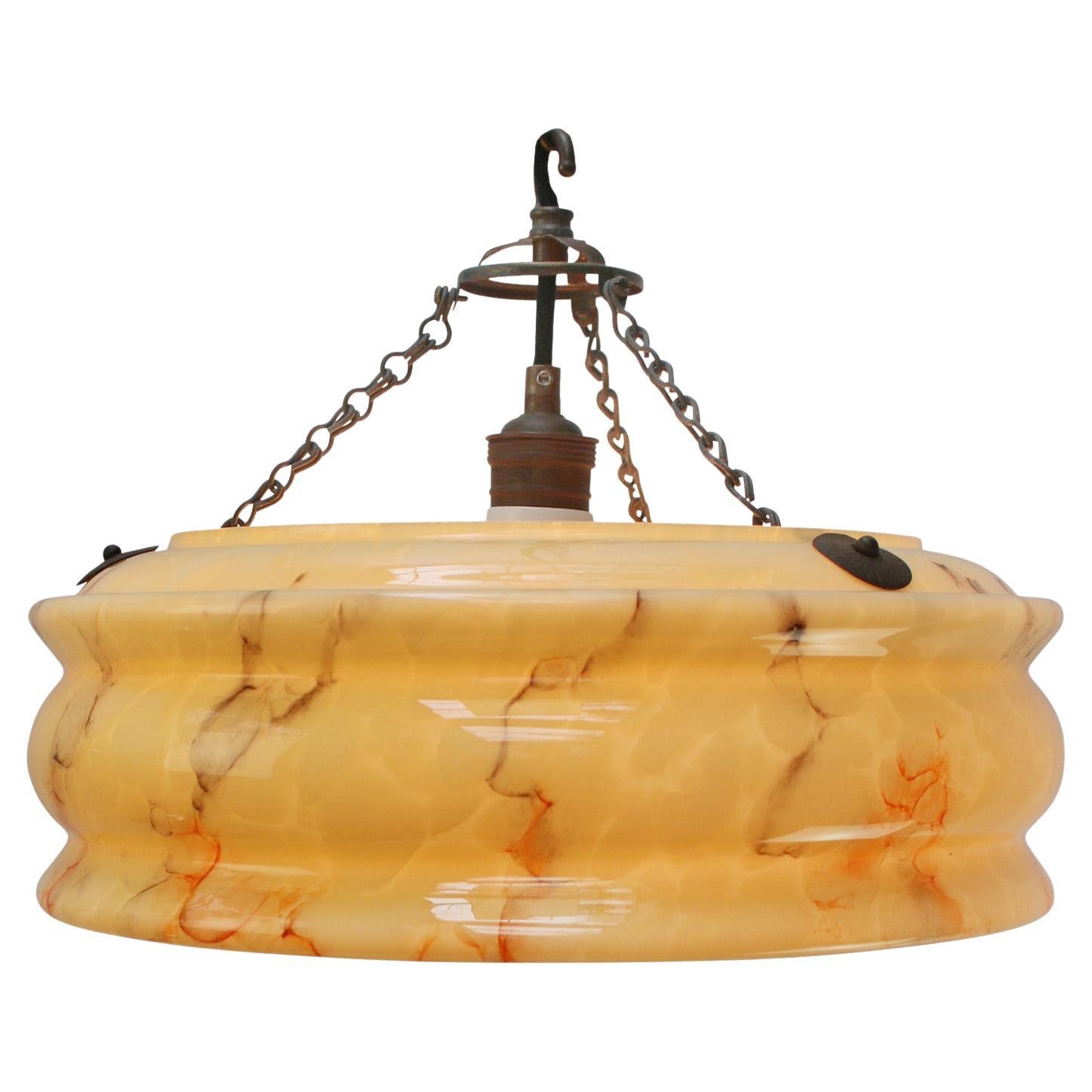 Art Deco Pendant Lamp, Brass and Yellow Glass, France, 1920s