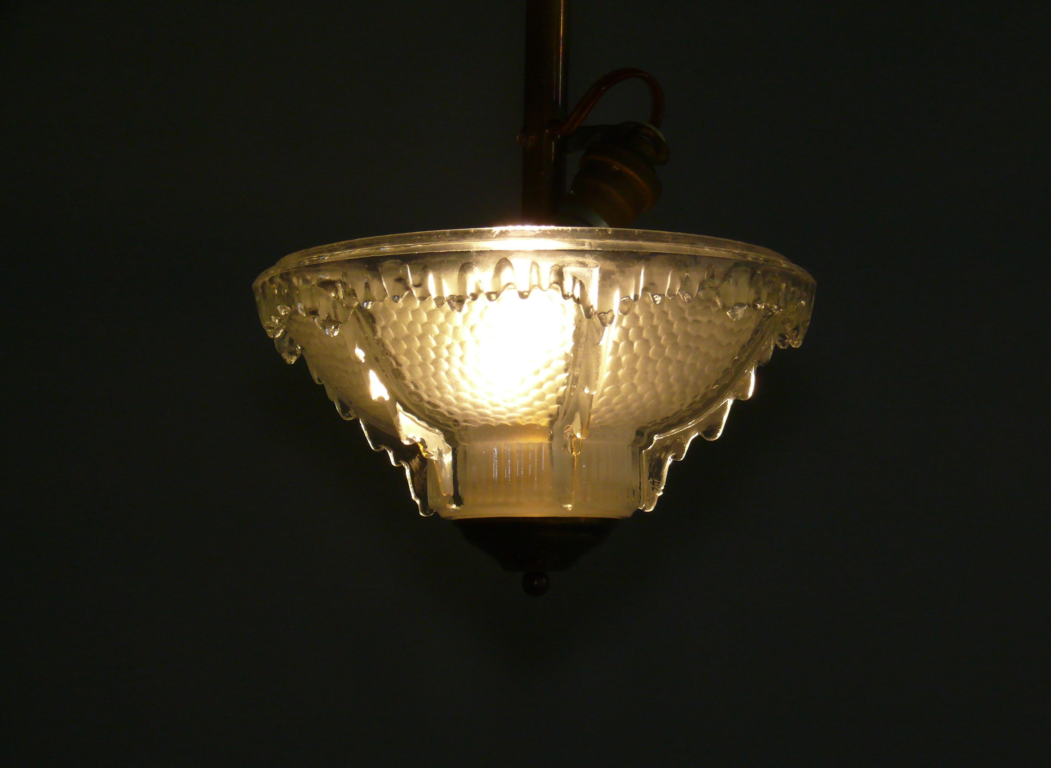 Art Deco Art Déco Pendant Lamp, EZAN France - Brass, Glass - 1930 For Sale