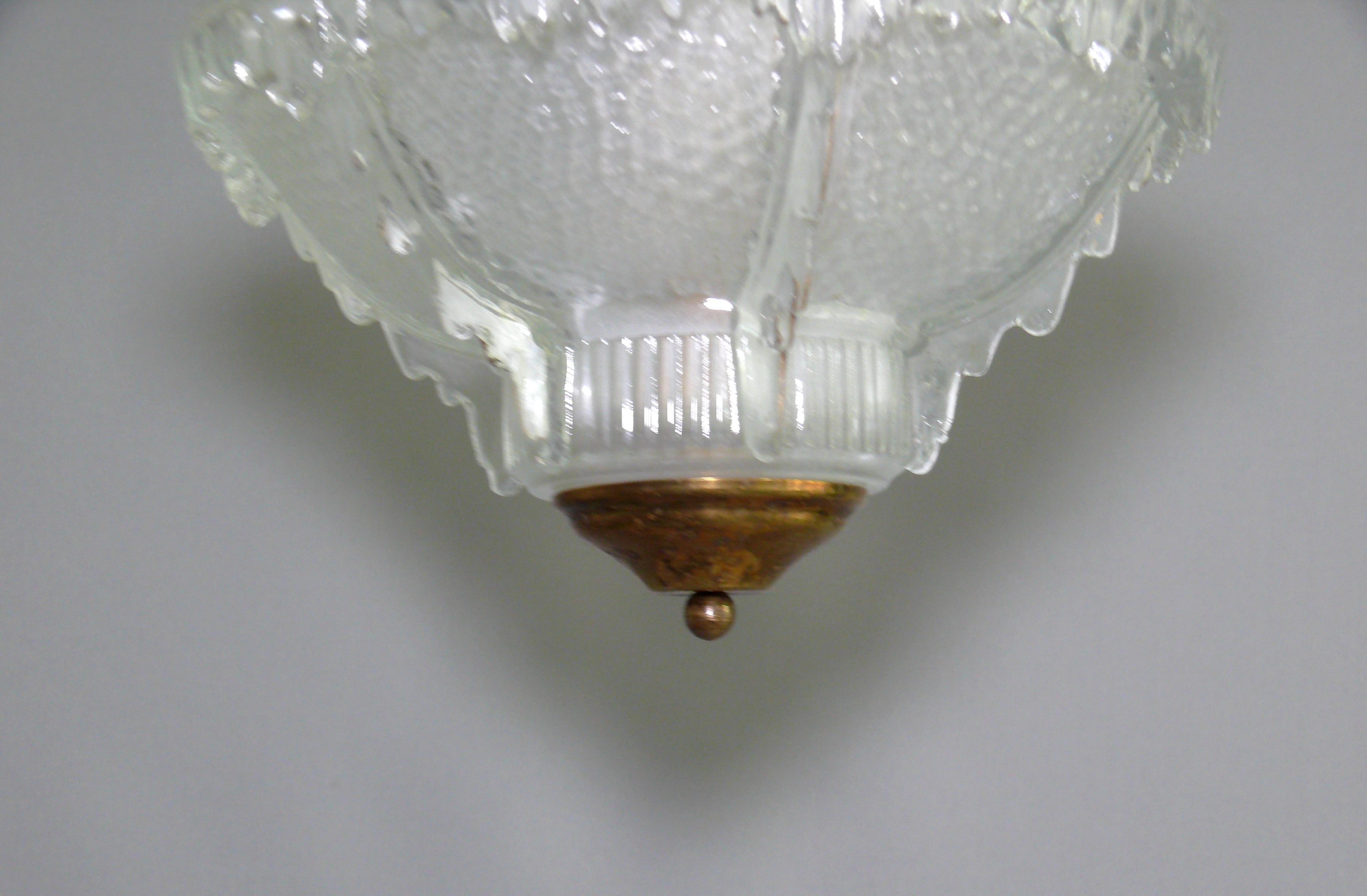 French Art Déco Pendant Lamp, EZAN France - Brass, Glass - 1930 For Sale