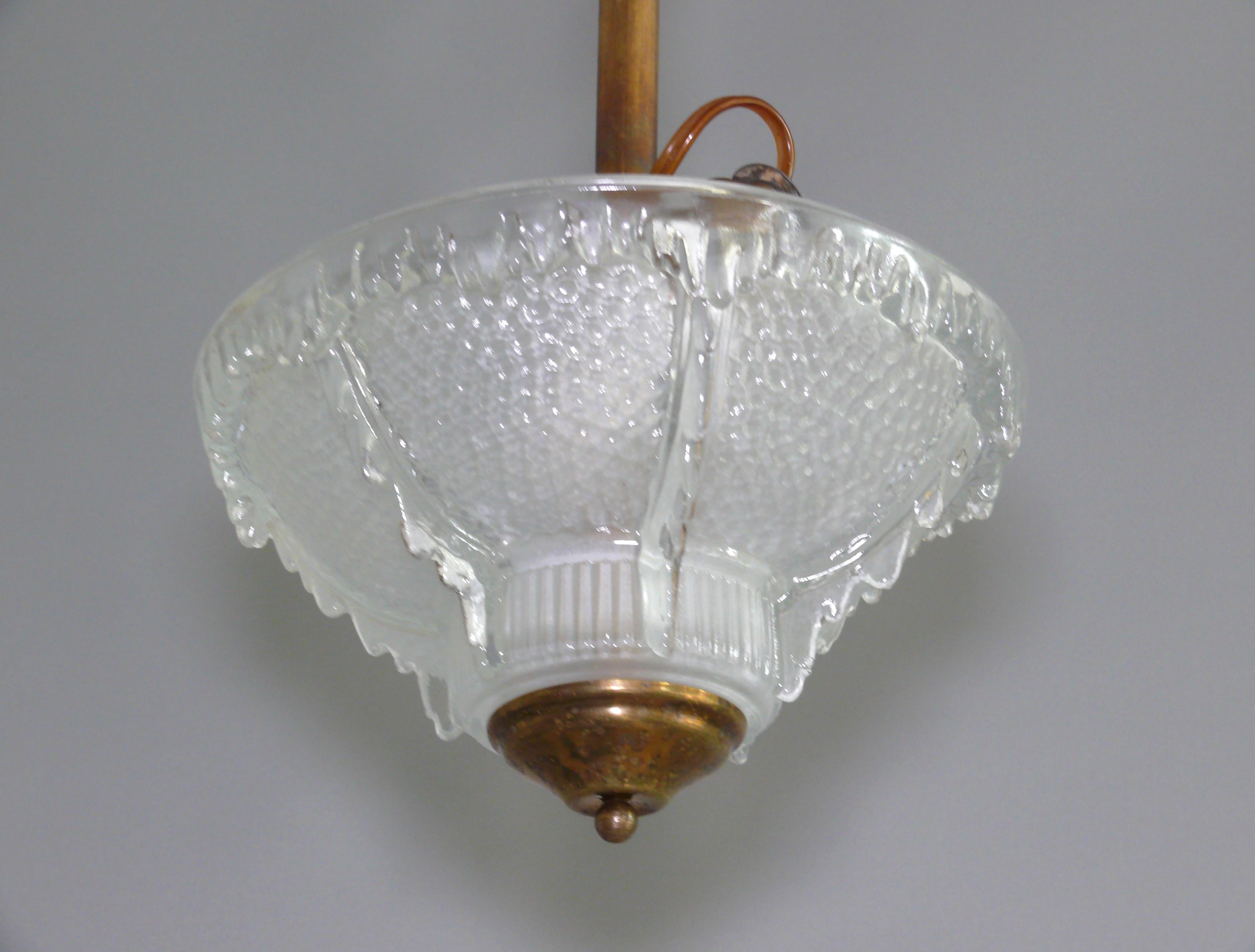 Mid-20th Century Art Déco Pendant Lamp, EZAN France - Brass, Glass - 1930 For Sale