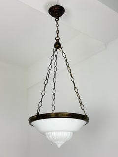 Art Deco Pendant Lamp in brass and milk glass, 1940s