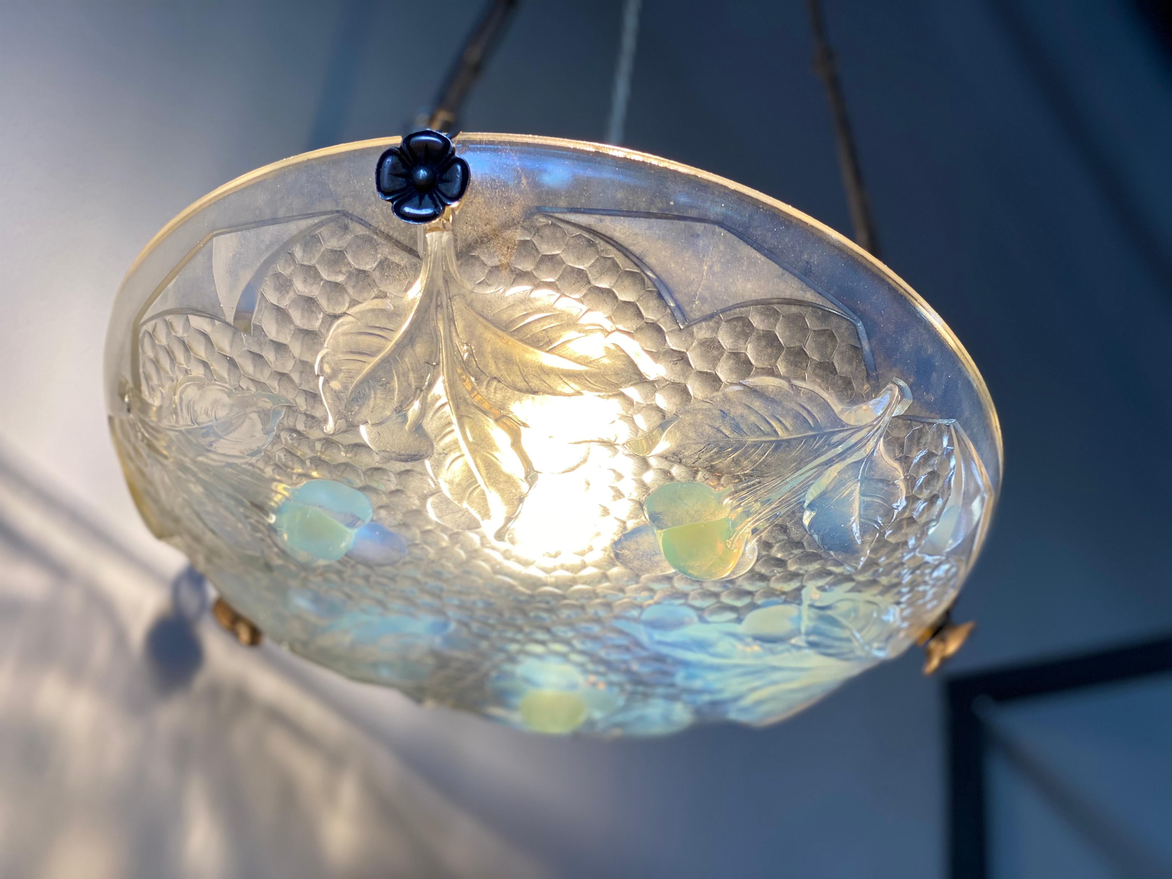 Art Deco Pendant Lamp in Opaline Glass, France 1920s, Iridescent Glass 4