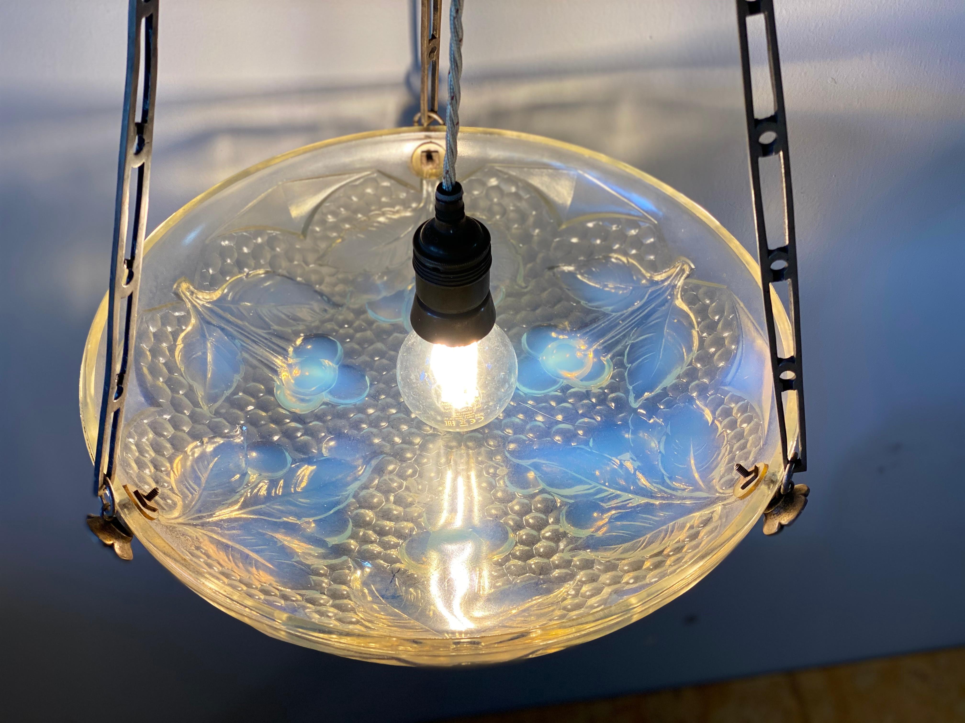 Art Deco Pendant Lamp in Opaline Glass, France 1920s, Iridescent Glass 8