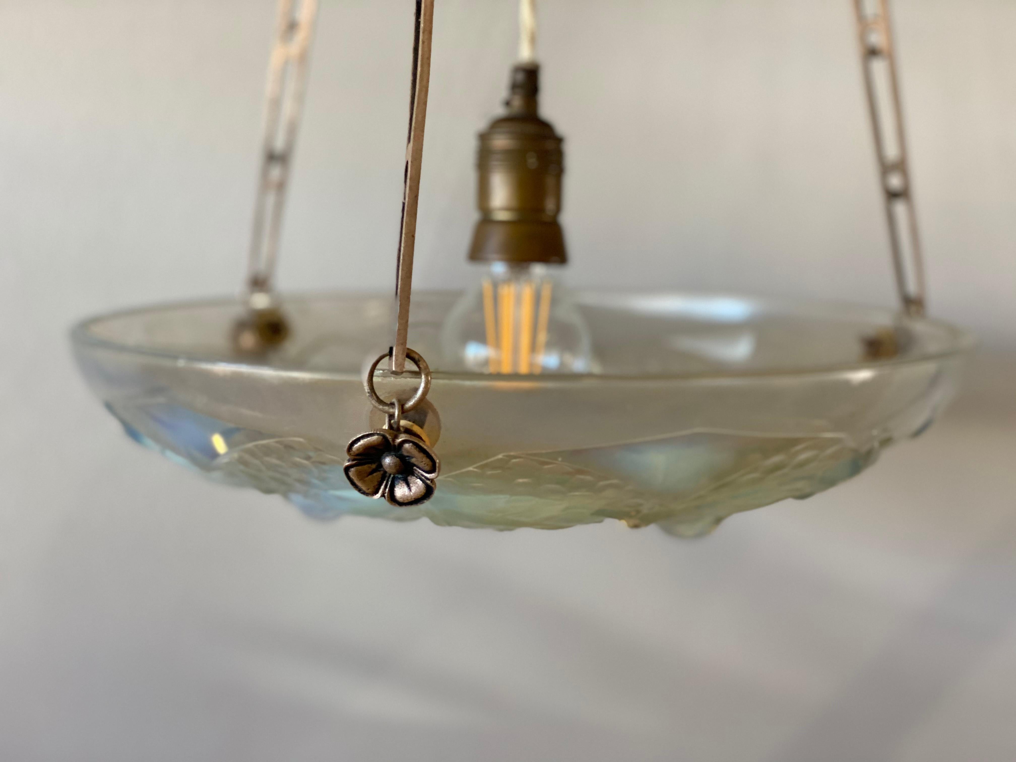 French Art Deco Pendant Lamp in Opaline Glass, France 1920s, Iridescent Glass