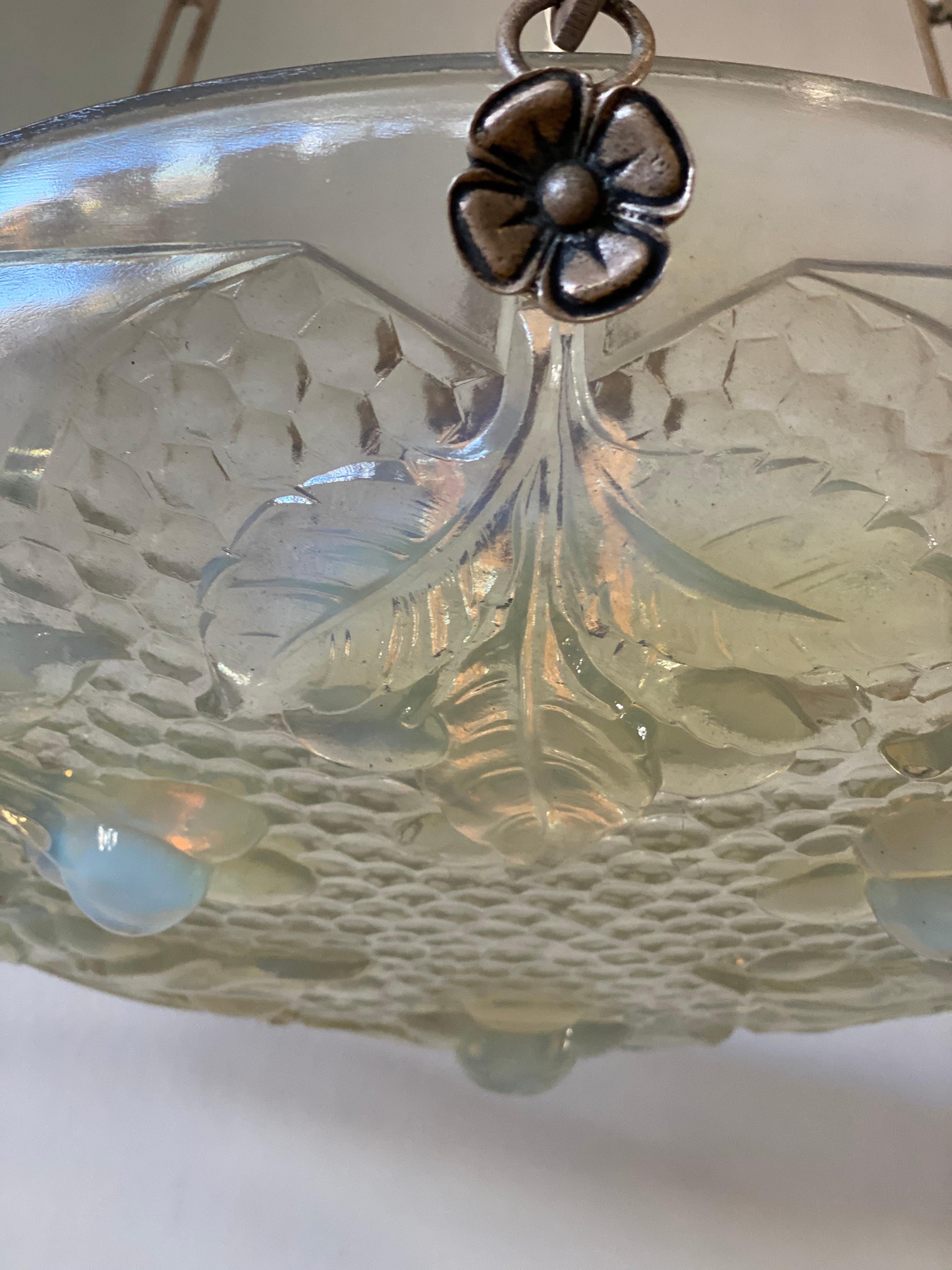 Metal Art Deco Pendant Lamp in Opaline Glass, France 1920s, Iridescent Glass