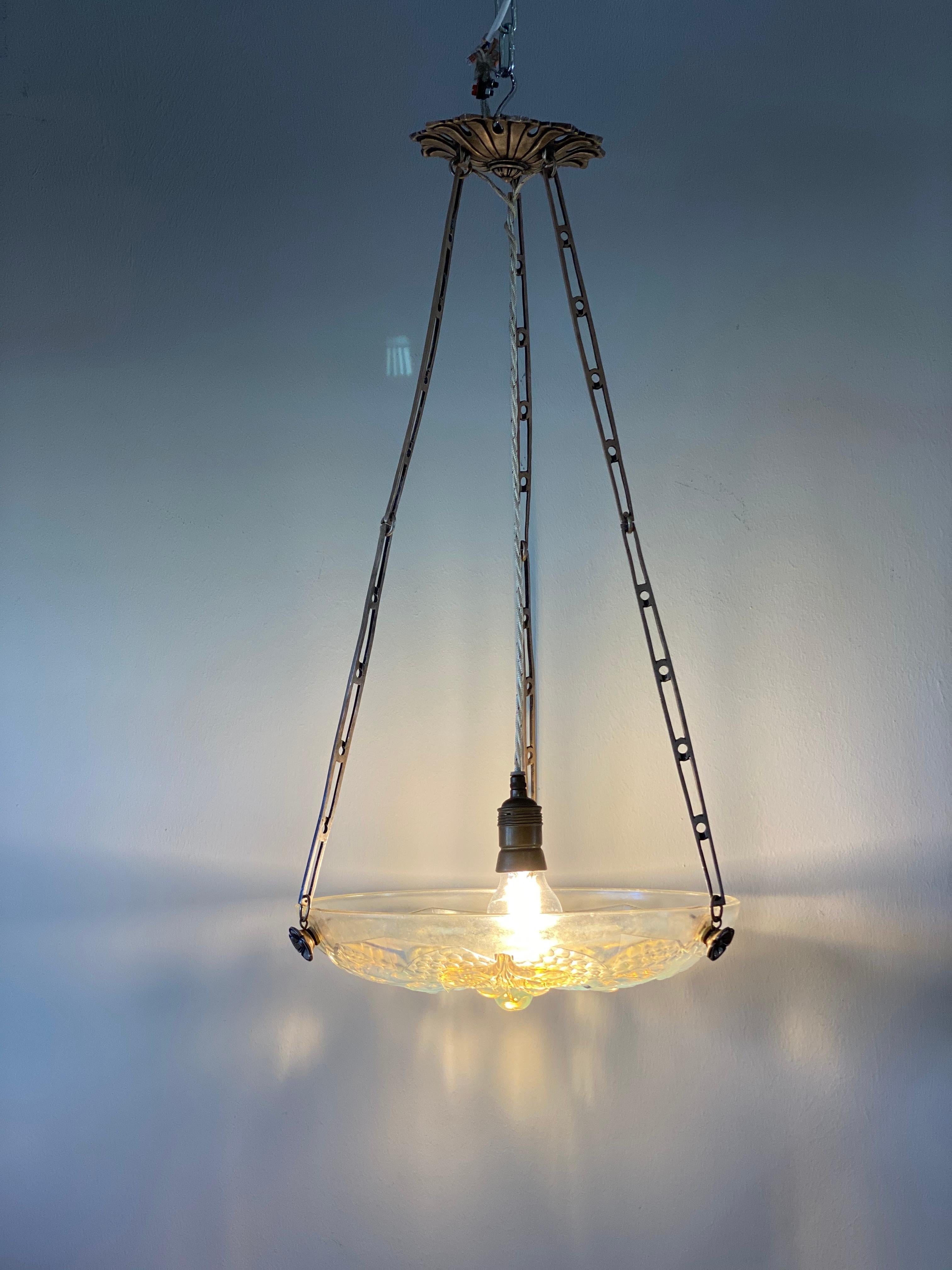 Art Deco Pendant Lamp in Opaline Glass, France 1920s, Iridescent Glass 2