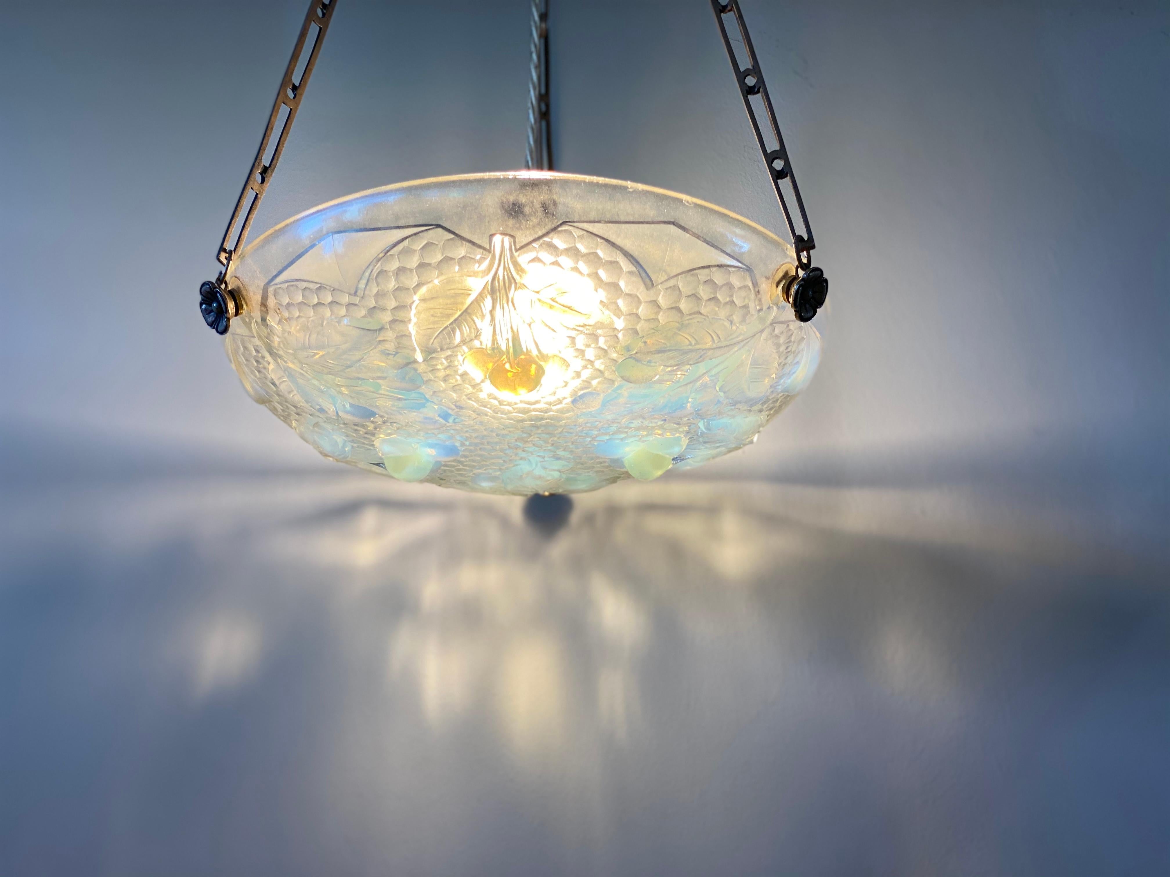 Art Deco Pendant Lamp in Opaline Glass, France 1920s, Iridescent Glass 3