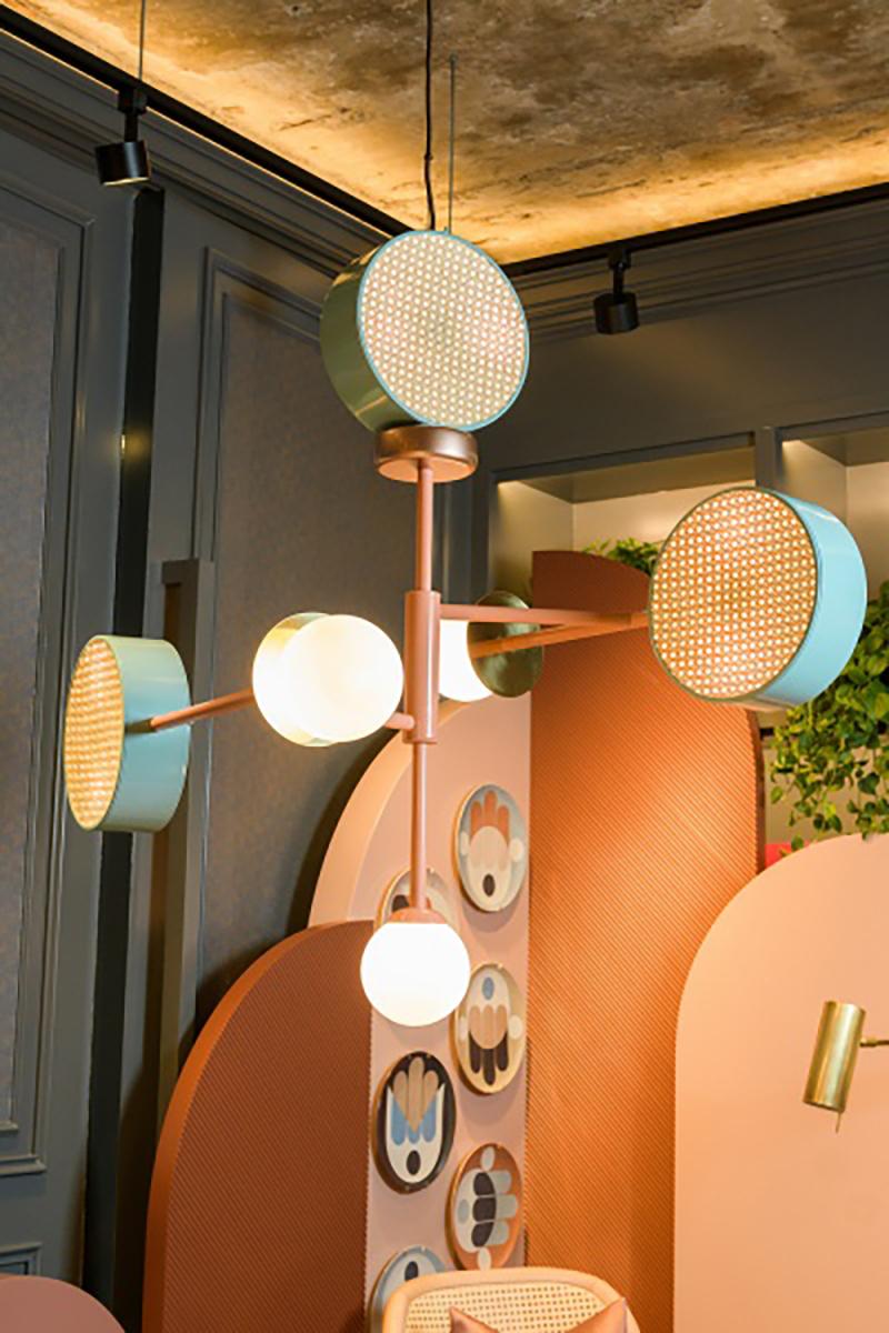 Contemporary Art Deco Pendant Lamp Monaco in Salmon, Copper color, Black, Brass and Rattan For Sale