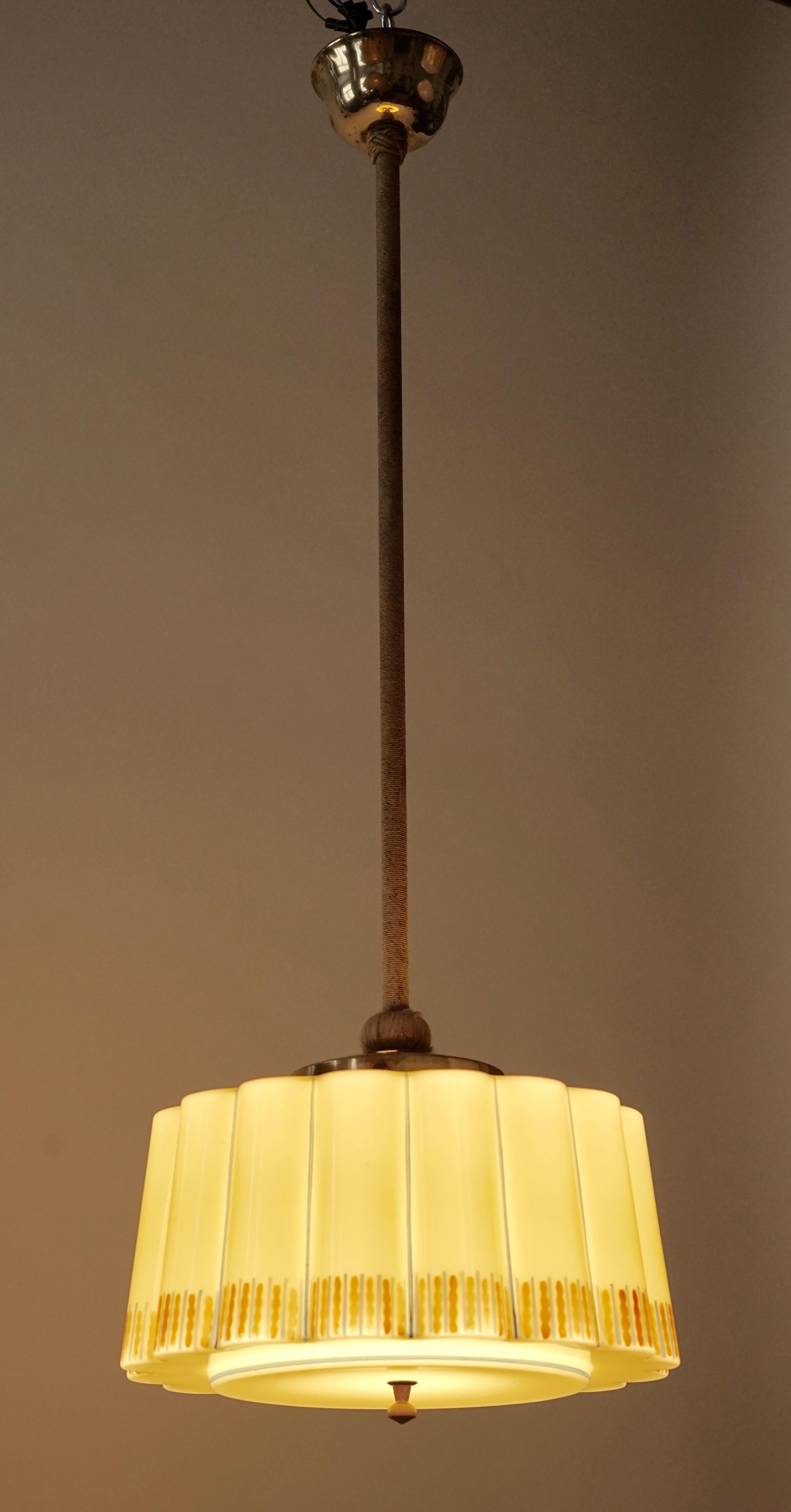 Early 20th Century Art Deco Pendant Lamp with Hand Colored Details and Passementerie