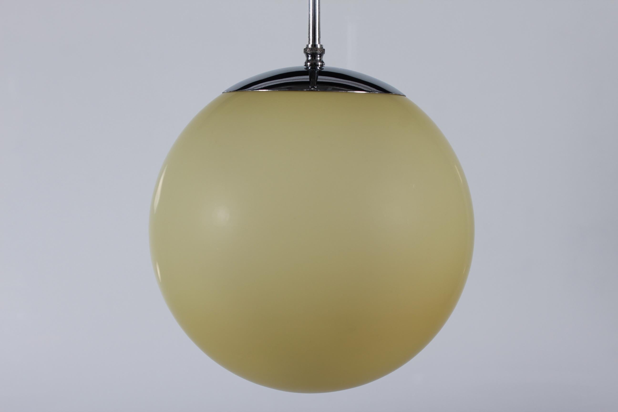 Art Deco Pendant Light Ball-Shaped Light Yellow Shade + Chrome, Denmark, 1930s In Good Condition For Sale In Aarhus C, DK