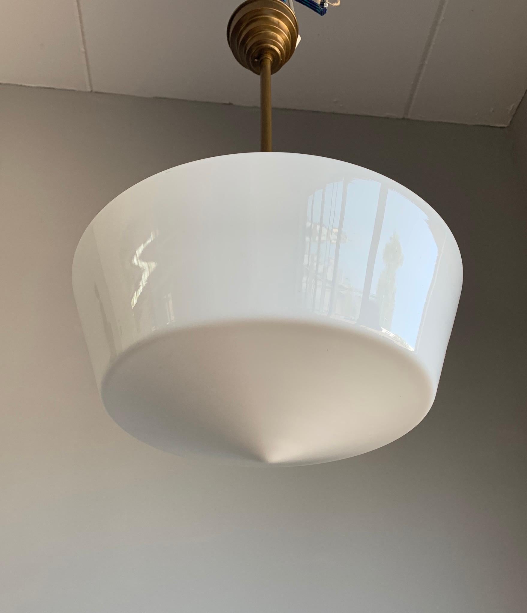 Hand-Crafted Art Deco Pendant Light Bauhaus Style Made of Brass and White Opaline Glass 1920s