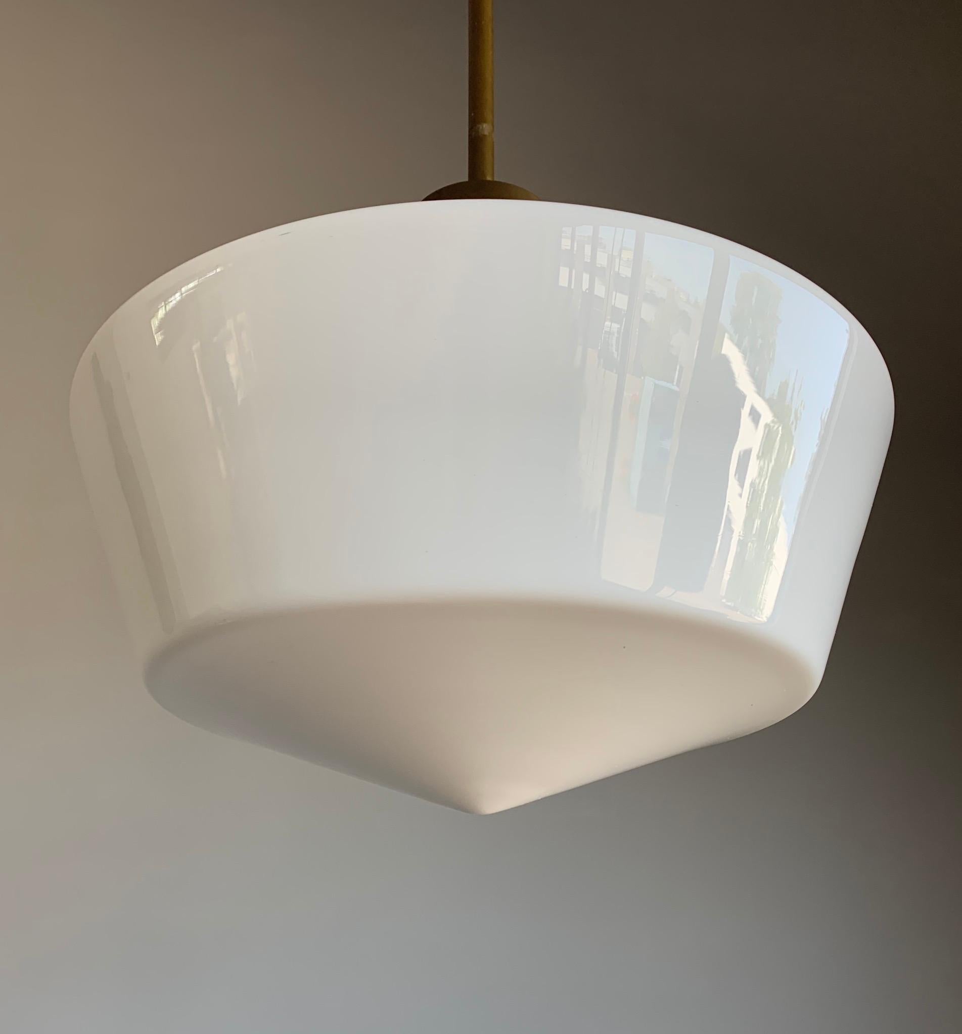 Art Deco Pendant Light Bauhaus Style Made of Brass and White Opaline Glass 1920s In Good Condition In Lisse, NL