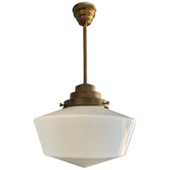Antique Art Deco Pendant Light Bauhaus Style Made of Brass and White Opaline Glass 1920s