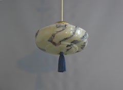 Art Deco Pendant Light, Beige And Blue Glass Shade, Brass Holder, Germany 1930s