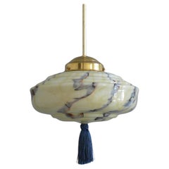 Art Deco Pendant Light, Beige And Blue Glass Shade, Brass Holder, Germany 1930s