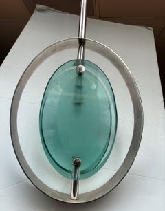 "Art Deco Pendant Light, Brass and Frosted Glass, Silver Plated, Circa 1990"