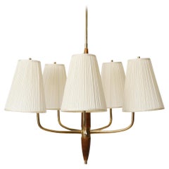 Art Deco Pendant Light Chandelier, Brass Wood Cream Pleated Fabric Shades, 1930s