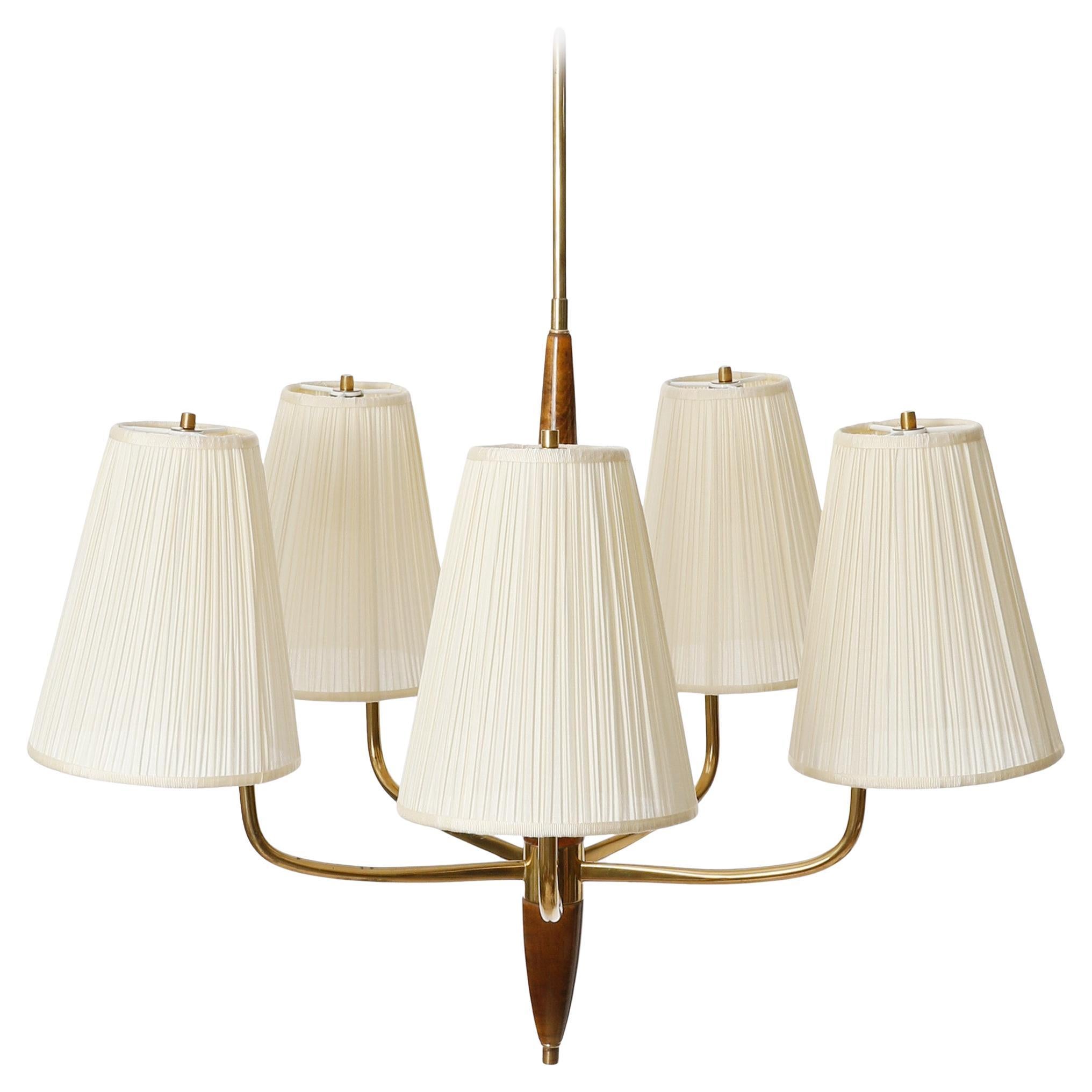 Austrian Art Deco Pendant Light Chandelier, Brass Wood Cream Pleated Fabric Shades, 1930s For Sale