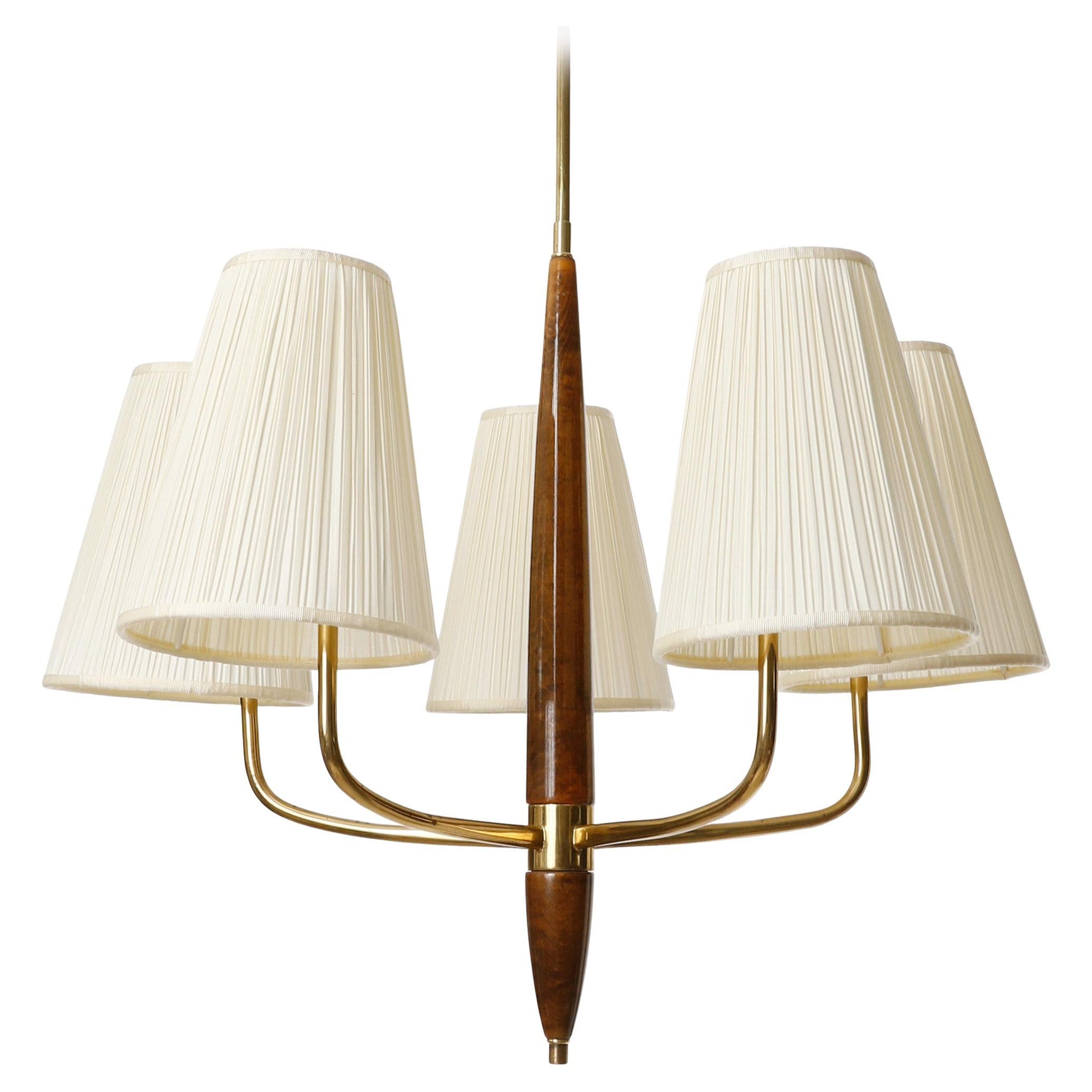 Polished Art Deco Pendant Light Chandelier, Brass Wood Cream Pleated Fabric Shades, 1930s For Sale