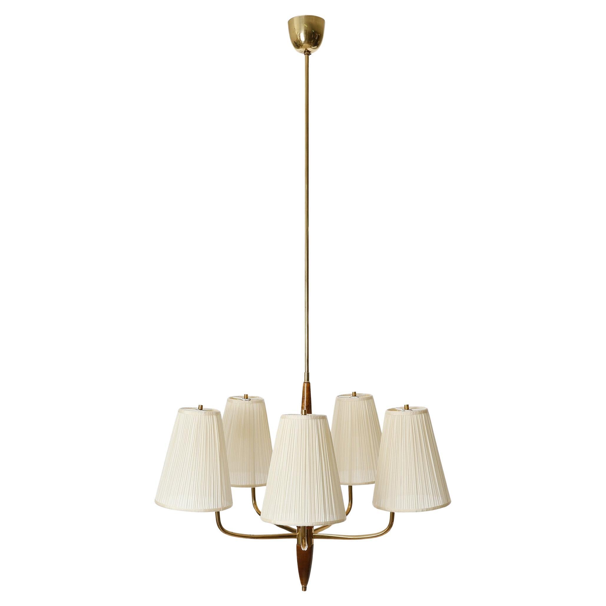 Mid-20th Century Art Deco Pendant Light Chandelier, Brass Wood Cream Pleated Fabric Shades, 1930s For Sale