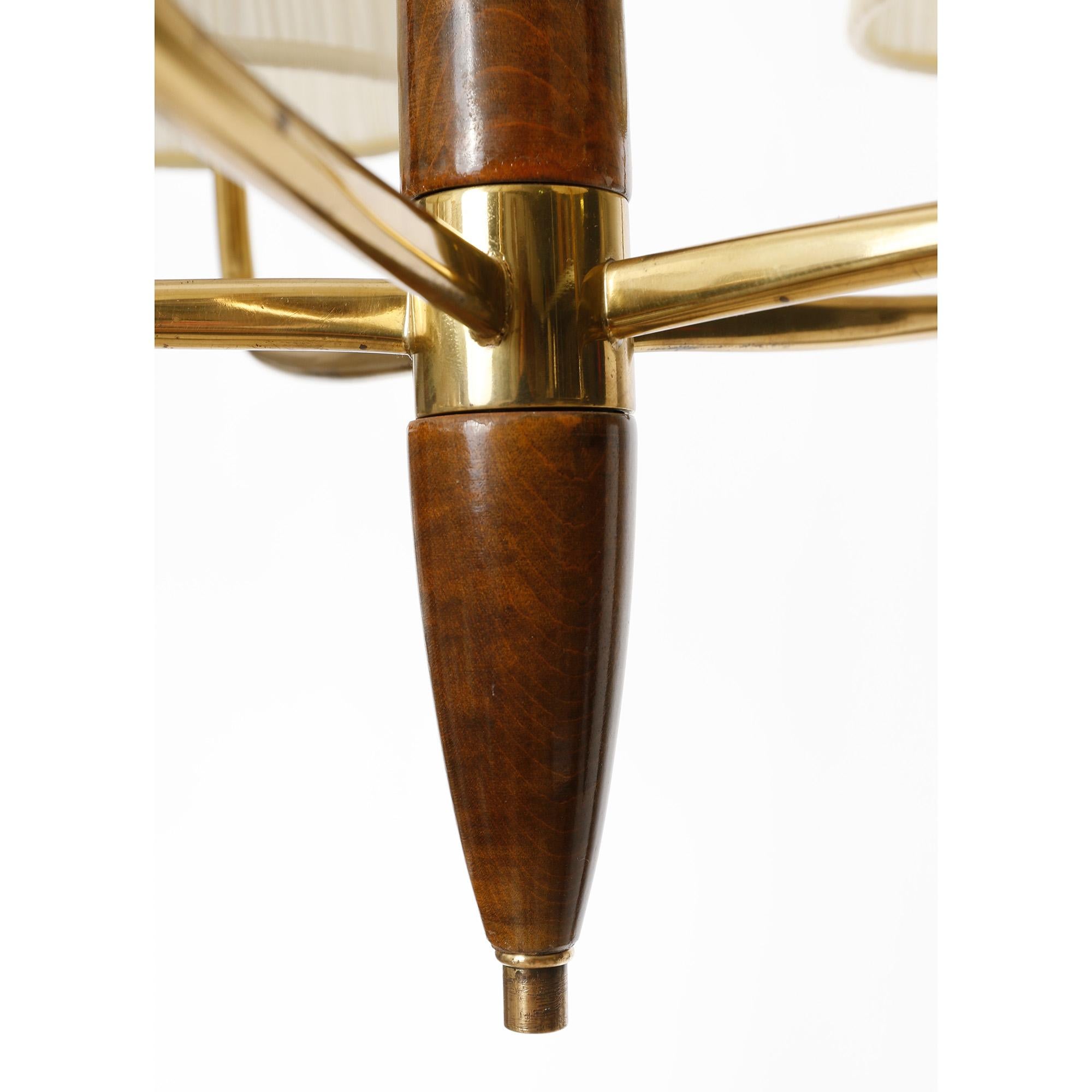 Art Deco Pendant Light Chandelier, Brass Wood Cream Pleated Fabric Shades, 1930s For Sale 1