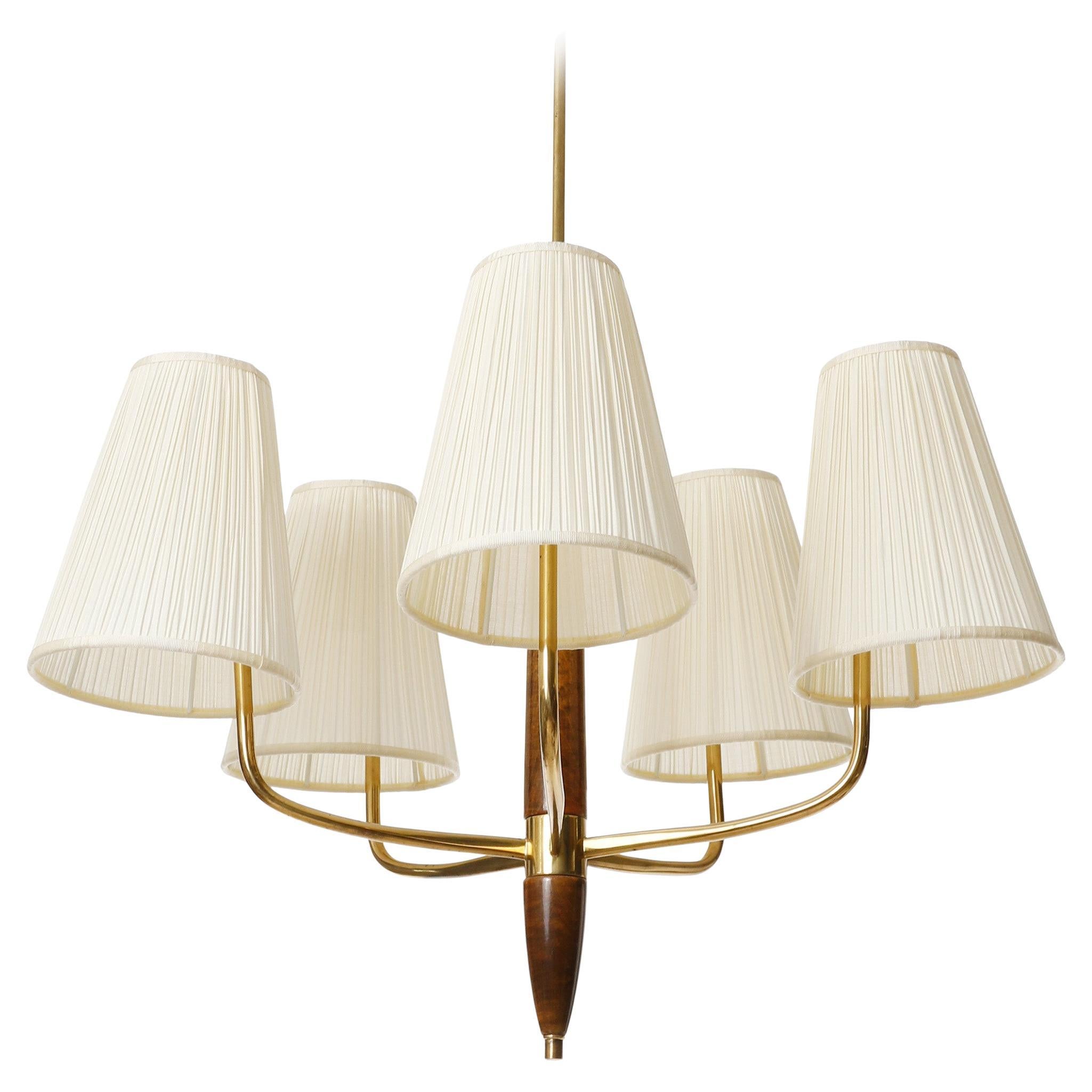 Art Deco Pendant Light Chandelier, Brass Wood Cream Pleated Fabric Shades, 1930s