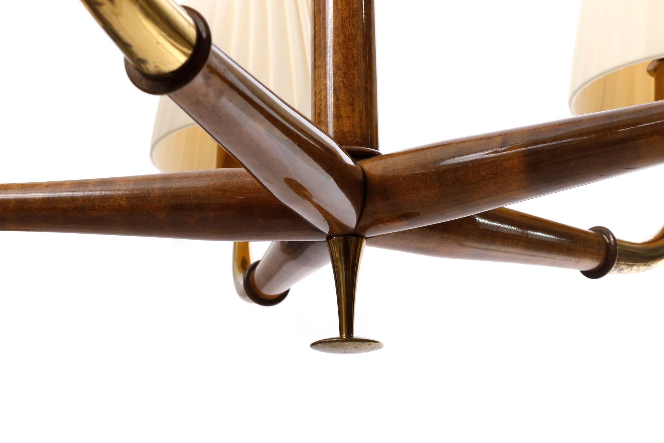 Art Deco Pendant Light Chandelier, Josef Frank, Brass Wood Cream Shades, 1930s 3